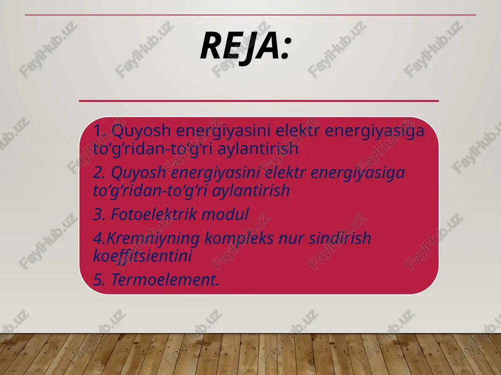 ridagi temperaturalar (absolyut shkala bo‘yicha) ayirmasiga to‘g‘ri proporsional bo‘lib, metallar tabiatiga bog‘liq: bunda α – metallning termo eyk koeffitsiyenti. uchlari o‘zaro payvandlangan ikkita har xil metalldan yasalgan asbobga termopara yoki termoelement deb ataladi. termoelement kavsharlangan uchi temperaturasi o‘lchanuvchi moddaga va ikkinchi – sovuq uchlari o‘lchov asbobga ulanadi. bir necha termoelementlardan tuzilgan sistemaga termobatareya deb ataladi. 1908-yilda moskva universiteti proffessori v.serasskiy 100 ta termoelementdan iborat bo‘lgan quyosh batareyasini yaratdi. bu batareya oynaband yashik ichiga joylashgan bo‘lib, elektr qo‘ng‘irog‘ini tok bilan ta’minlab turadi. asrimiznng 30-yillarida akademik a.f.ioffe termogeneratordan quyosh energiyasini elektr energiyasiga aylantirish masalasini taklif etgan bo‘lsa, 1941-yilga kelib u shunday termogeneratorni ishlab chiqdi. quyosh termoelektrogeneratorlari asosan quyosh konsentratori va termobatareyalardan tashkil topgan. 1956-yilda g.m.krjijanovskiy nomidagi energe­tika instituti xodimlari diametri 2m bo‘lgan ko‘zgu fokusiga termogenerator o‘rnatib, issiq va sovuq payvandlar orasidagi temperaturalar farqi 400°s bo‘lganda 21v kuchlanish ostida 18,9 vt quvvat olishga muyassar bo‘ldilar. termogenerator fik 2% ga yaqin. bunga sabab elementlarni …