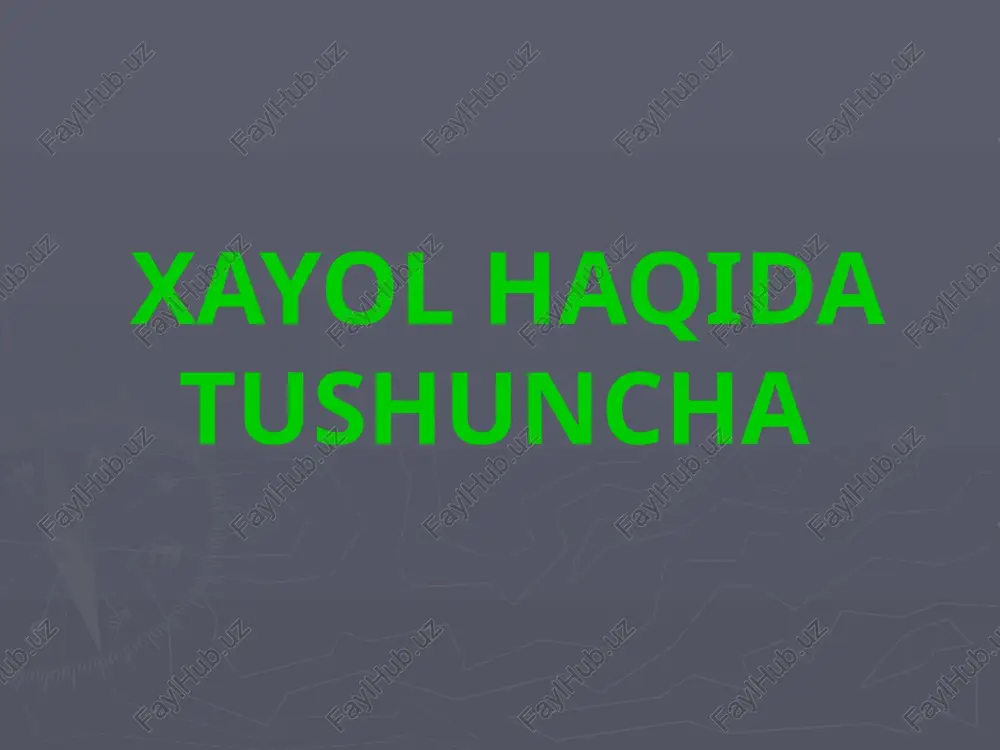 larining tarkib topishi va ularning faoliyat jarayonlariga qo`shishga miya yarim sharlari po`stlog`i bilan birga qatnashuvchi miyaning ana shunday chuqur qismlari gipotalam-limbik (uning qadimsgi po`stloq va po`stoq osti qismlari bilan bog`lanishi miya yarim sharlarga chiqaverishda oldingi qismi atrofida «limb» yoki chegara hosil bo`ladi) sistemadir. eksprimentlardan shu narsa aniqlagandiki, gipotalam - limbik sistema zararlanganda, kishi psixikasida o`ziga xos buzilishi sodir bo`ladi: odamning xatti-harakatlari guyo ma’lum programma bilan boshqarilayotgan va bir biri bilan bog`lanmagan alohida-alohida shu bilan birga o`z-o`ziga etarli darajada murakkab va bir butun harakatlardan iboratdek tasavvur tug`iladi. hayolning turlari tushlar – uyquda yuzaga keladigan ixtiyorsiz obrazlar bo`lib, ular tez unitilishi yoki uzoq muddatga saqlanishi mumkin. orzu – inson ongidagi real va noreal tasavvurlar bilan bog`liqdir. aktiv hayol – insonning hayotiy rejalarini, xohish – istaklarini amalga oshirishda o`z aksini topadi. masalan: yangi avtomabil yaratish, gess qurilishi rejasini tuzish shularga misoldir. reproduktiv hayolda aniq real vazifani amalga oshirish maqsad qilib qo`yiladi. unda fantaziya …