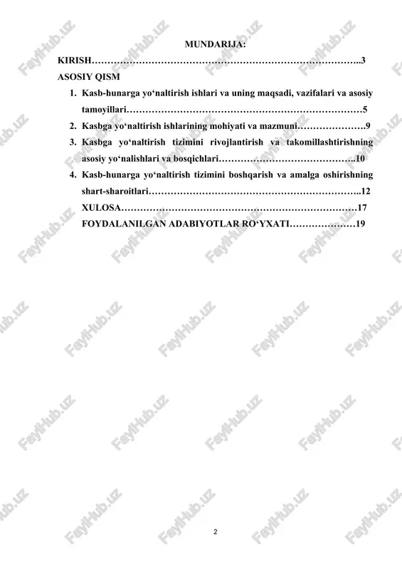 sonning hayotdagi muvaffaqiyati ko‘p jihatdan tanlagan kasbiga, unga bo‘lgan ishtiyoqi va mosligiga bog‘liq. shu sababli yoshlarni erta bosqichdan o‘z imkoniyatlarini tahlil qilishga, ongli kasb tanlashga yo‘naltirish dolzarb masala hisoblanadi. o‘zbekiston respublikasida ta’lim tizimini modernizatsiya qilish, zamonaviy kasbiy ta’limni rivojlantirish hamda yoshlarni mehnat bozoriga tayyorlash borasida keng ko‘lamli islohotlar amalga oshirilmoqda. bunda talabalarga to‘g‘ri kasbiy yo‘nalish tanlashda amaliy yordam ko‘rsatish, ularning kasbiy o‘z-o‘zini anglashini shakllantirish muhim ahamiyat kasb etadi. shu boisdan, ushbu loyiha ta’lim oluvchilarni kasb tanlashga ilmiy asosda yo‘naltirish, o‘z shaxsiy imkoniyatlarini baholash va mehnat bozoridagi real talablar bilan uyg‘unlashtirishga yordam berish masalasini chuqur o‘rganishga qaratilgan bo‘lib, bugungi kun sharoitida nihoyatda dolzarbdir. loyiha maqsadi. ta’lim oluvchilarning kasbiy o‘z-o‘zini anglashini rivojlantirish, ularning shaxsiy qiziqishlari, iqtidorlari va imkoniyatlarini mehnat bozori talablari bilan uyg‘unlashtirishga, natijada to‘g‘ri va ongli kasb tanlashga yo‘naltirish. loyiha vazifalari: 1. ta’lim oluvchilarda kasblar olami haqida keng va to‘liq tasavvur hosil qilish. 2. shaxsiy qobiliyat, qiziqish va imkoniyatlarni aniqlash hamda …
