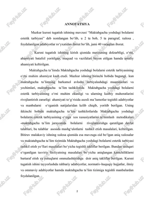 alarni rivojlantirishga qaratilgan davlat talablari, bu talablar asosida mashg‘ulotlarni tashkil etish masalalari, keltirilgan. bitiruv malakaviy ishning xulosa qismida esa mavzuga oid bo‘lgan aniq xulosalar va maktatabgacha ta’lim tizimida maktabgacha yoshdagi bolalarni estetik tarbiyasi tashkil etish yo‘llari masalalari bo‘yicha tegishli takliflar berilgan. bundan tashqari o‘rganilgan tasviriy faoliyatning masalalari bo‘yicha aniqlangan kamchiliklarni bartaraf etish va yutuqlarni ommalashtirishga doir aniq takliflar berilgan. kursni tugatish ishini tayyorlashda rahbariy adabiyotlar, normativ-huquqiy hujjatlar, ilmiy va ommaviy adabiyotlar hamda maktabgacha ta’lim tizimiga tegishli manbalardan foydalanilgan. kirish mavzuning dolzarbligi. zamonaviy dunyoda axborot texnologiyalari tez rivojlanmoqda va bu bolalarning estetik rivojlanishiga salbiy ta'sir ko'rsatishi mumkin. bolalarning ko'p vaqtini ekranlarda o'tkazishi, ularning tabiat bilan bevosita aloqasining kamayishi, san'at asarlari bilan tanishish imkoniyatlarining cheklanganligi estetik tarbiya masalasini dolzarb qiladi. shuningdek, estetik tarbiya orqali bolalarda milliy madaniyatga, an'analarga hurmatni shakllantirish, ularning vatanga muhabbatini oshirish muhimdir. insonning go'zallikni idrok etish va uni yaratish qobiliyati uning shaxsiyatining muhim tarkibiy qismidir. estetik tarbiya – bu …