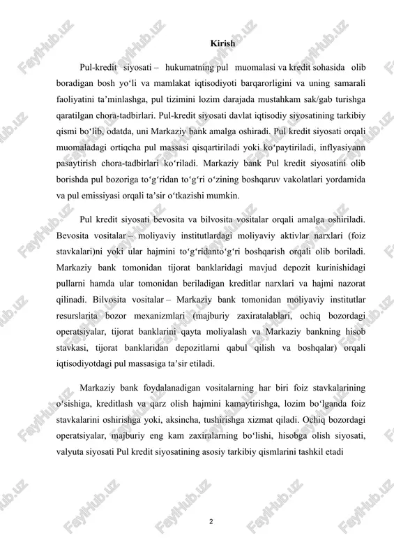 i, hisobga olish siyosati, valyuta siyosati pul kredit siyosatining asosiy tarkibiy qismlarini tashkil etadi pul kredit siyosati bugungi kunda iqtisodiy o'zgarishlar davri iqtisodiyotni rivojlantirishda moliyaviy va valyuta vositalarining roli, ahamiyati to'g'risidagi tasavvurni sezilarli darajada o'zgartirganligi va tobora rivojlanib borayotgan bozor iqtisodiyotini davlat tomonidan tartibga solish tizimida ularning ustuvorlikka erishganligi isbotini topgan. hozirgi paytda davlat iqtisodiy siyosati, davlat moliyasi jahon bozorlari rivojlanishining ustuvor yo'nalishlarini, shuningdek, jahon raqobati qoidalarini hisobga olishi kerak. shu sababli ham davlat moliyasi barqarorligini ta'minlashda pul-kredit siyosatini yuksaltirish o'rinlidir. bugungi kunga kelib dunyo markaziy banklari, jumladan o'zbekiston respublikasi markaziy bank faoliyatining bosh mezoni bu - narxlar barqarorligi, inflyatsiyani nazorat qilish samaradorligidir. hozirda ko'pchilik tomonidan umumiy qabul qilingan nuqtai nazar: narxlar barqarorligi, iqtisodiy o'sish va bandlikni ta'minlash uchun zaruriy shart-sharoitni ta'minlashdir. agar mamlakatda yuqori inflyatsiya uzoq muddat davr davom etishi iqtisodiyot uchun salbiy oqibatlarga olib keladi. ayni vaqtda valyuta bozorini liberallashtirish borasidagi islohotning muvafaqqiyatli tugallanishi ko'p jihatdan pul-kredit siyosatini …