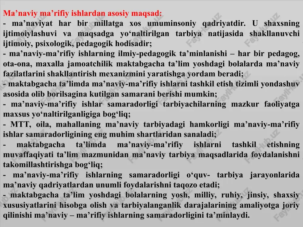 a qaratilgan ma’naviy-ma’rifiy tadbirlar; 3.tarbiyalanuvchilarda vatanparvarlik tuyg‘ularini shakllantirishga oid ma’naviy-ma’rifiy tadbirlar; 4.tarbiyalanuvchilarni odob - axloq qoidalari bilan tanishtiruvchi ma’naviy-ma’rifiy tadbirlar. maktabgacha ta’lim tizimida bola ma’naviyatini shakllantirish samaradorligini oshirish doirasida qulay shart-sharoit yaratish alohida ahamiyatga ega: ma’naviy-ma’rifiy ishlarni tashkil etishda har tomonlama barkamol shaxsni ma’naviy shakllantirishga doir metodik qo‘llanmalar yaratish. ta’lim muassasaslarida ma’naviy-ma’rifiy ishlarni tashkil etishda maktabgacha ta’lim yoshdagi bolalarning ma’naviy yuksalishiga ta’sirini aniqlash va nazorat qilish mexanizmini ishlab chiqish. ma’naviy-ma’rifiy ishlarni tashkil etishda shu sohaga doir tarbiyaviy ishlarning hususiyati hamda maktabgacha ta’lim yoshdagi bola tabiatidan kelib kelib chiqqan holda an’anaviy metodlar bilan birga ilg‘or pedagogik va axborot texnologiyalardan ham foydalanish. maktabgacha yoshdagi bolalarning yosh xususiyatlarini hisobga olgan holda ma’naviyatga doir ko‘rgazmali materiallarni nashr qilish. maktabgacha yoshdagi bolalar ishtirokida «to‘maris avlodlari», «vatanimiz qiyofasi bolalar nigohida», «mening maxallam» kabi mavzularda yosh ijodkor bolalarning respublika ko‘rik tanlovini muntazam o‘tkazib borish. maktagacha ta’lim tashkilotlarida ma’naviy – ma’rifiy ishlarni amalga oshirishda quyidagicha rejalashtirib boriladi: -ma’naviy …