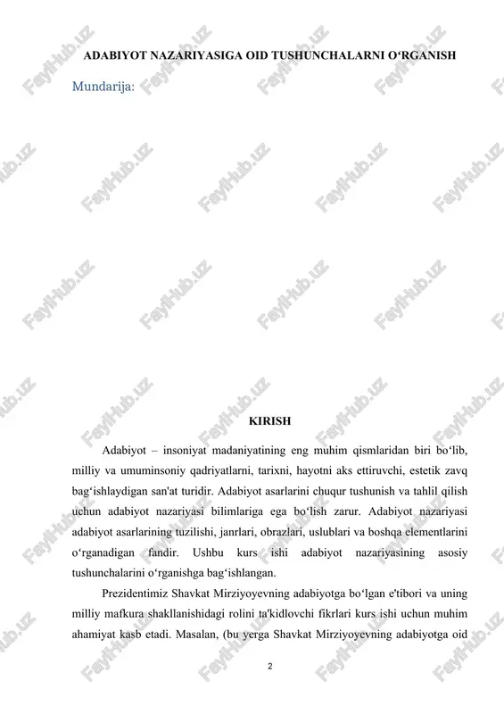 ravishda tahlil qilish koʻnikmalarini shakllantirishga yordam beradi. zamonaviy adabiyot nazariyasi doimiy ravishda rivojlanib bormoqda va yangi nazariyalar va yondashuvlar paydo boʻlmoqda. kurs ishining dolzarbligi. adabiyot nazariyasi – adabiyotning mohiyatini, tuzilishini, janrlarini, uslublarini, til vositalarini va ijtimoiy-madaniy kontekstini oʻrganadigan fandir. u adabiy asarlarni tahlil qilish, tushunish va baholash uchun zarur boʻlgan nazariy asoslarni taqdim etadi. adabiyot nazariyasi faqatgina adabiy asarlarni oʻrganish bilan cheklanmay, balki ularning kelib chiqishi, rivojlanishi, ijtimoiy funksiyalari va ta'sirini ham oʻrganadi. adabiyot nazariyasiga oid tushunchalarni chuqur oʻrganish zamonaviy sharoitda oʻta dolzarbdir. zamonaviy adabiyotning tez rivojlanishi, yangi janr va uslublarning paydo boʻlishi adabiyotshunoslar va oʻquvchilardan adabiy asarlarni tahlil qilish va tushunish uchun yangi yondashuvlarni talab qiladi. ushbu kurs ishi adabiyot nazariyasining asosiy tushunchalarini oʻrganish orqali adabiy asarlarni chuqurroq tushunish va tahlil qilish imkoniyatini beradi. kurs ishining obyekti. kurs ishining obyekti adabiyot nazariyasining asosiy tushunchalari hisoblanadi. kurs ishining predmeti. kurs ishining predmeti adabiyot nazariyasiga oid tanlangan tushunchalarning oʻrganilishi va tahlilidir. …