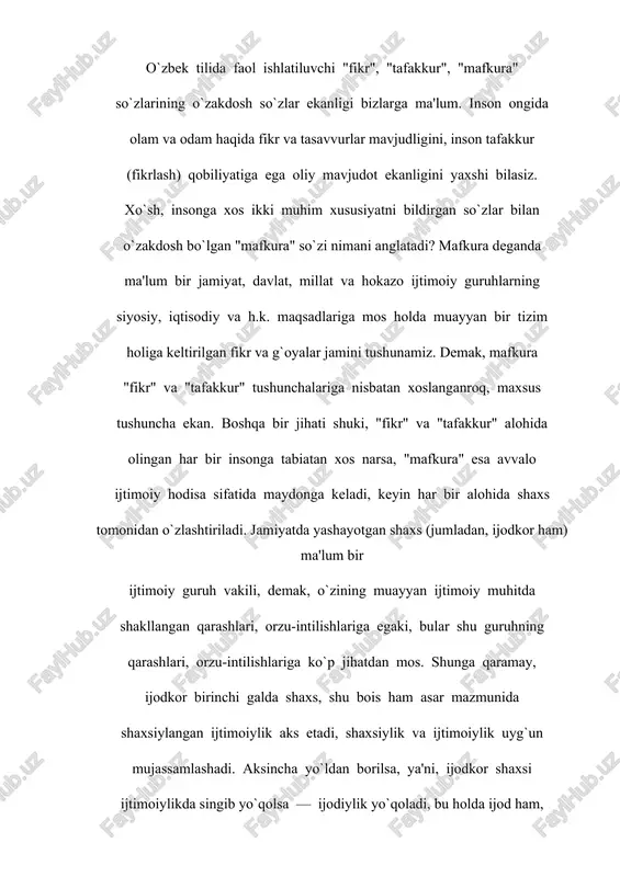 a — ijodkor shaxsining ijtimoiylikda singib yo`qolib ketganida edi. badiiy ijod dunyoqarash bilan bog`liq tarzda kechadi. dunyoqarash deganda konkret insonning dunyo haqidagi bilimlari, tushunchalari, g`oyalarini tushunamiz. badiiy asarda akslangan badiiy voqelik ijodkor tomonidan ko`rilgan, uning ideali asosida ijodiy qayta ishlangan va g`oyaviy-hissiy baholangan voqelik ekan, demak, badiiy asar mazmuni ijodkor dunyoqarashi bilan bog`liq bo`ladi. ma'lumki, har bir inson dunyoni o`zicha ko`radi, uni o`zicha idrok qiladi va o`zicha baholaydi. qizig`i shundaki, hammamiz ham o`zimiz ko`rgan voqelikni real voqelik deb tushunamiz, holbuki, bu — voqelikning ongimizdagi biz ko`rolgan va idrok etolgan aksi xolos, ya'ni, individual borliqdir. shunday ekan, bir joyda, bir davrda yashab turgan ikki inson ongidagi voqelikning aksi bir xil bo`lolmaydi. buning yorqin misoli sifatida "kecha va kunduz" bilan "qutlug` qon" romanlarini olib ko`rishimiz mumkin. ikkala asar bir davrda yaratilgani, bir davrni qalamga olgani holda, har ikki romanda akslangan badiiy voqelik birbiridan tubdan farq qiladi. sababi, har ikki adibning asarida ham …