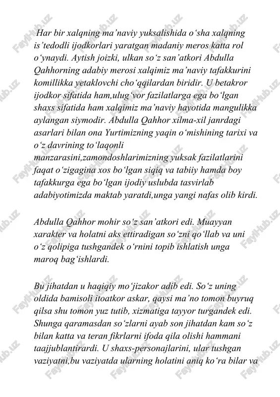 zilarida esa o‘zimizda paydo bo‘lgan xayrixohlikni sezamiz. ammo bularning barchasining zamirida jamiyatimizning faol a’zosi, haqiqiy fuqaro ijtimoiy hayotdagi buzilishlarning ashaddiy dushmani, qalbi pok inson dardi turadi. biz o‘sha dardlarni baralla eshitamiz, o‘zimizni unga jo‘r hisoblaymiz. abdulla qahhor dastavval o‘zbek adabiyotida mohir hikoyanafis sifatida shuhrat topdi. darhaqiqat, u yangi o‘zbek adabiyotidagi realistik hikoyachilikning shakllanishi va rivojlanishida benazir ijodkor sanaladi. u mazkur janrda xalqimizning xx asr boshlaridagi to‘fonli hayotning, sobiq sho‘ro tuzumi davridagi turmush tarzi va undagi butun murakkabliklar, millatimizga xos bo‘lgan fazilatlatlarni butun bo‘yi-basti bilan haqqoniy tasvirlab berdi. xususan, adib “anor”, “ko‘r ko‘zning ochilishi”, “o‘g‘ri”, “bemor”, “dahshat”, “adabiyot muallimi”, “ko‘k konvert”, “kampirlar sim qoqdi”, “asror bobo”, “to‘yda a’za” kabi hikoyalari bilan xx asr o‘zbek nasrida birinchi bo‘lib, izchil realism tasvir imkoniyatlarini sergiloligini isbotlab berdi. abdulla qahhorning o‘z tabiri bilan aytganda, inson xarakteriga birinchi bor qo‘l urib yaratgan hikoyasi-“boshsiz odam” edi. keyinchalik adib bu hikoyani o‘zining 6-tomlik asarlariga ham kiritdiki, bu fakt …