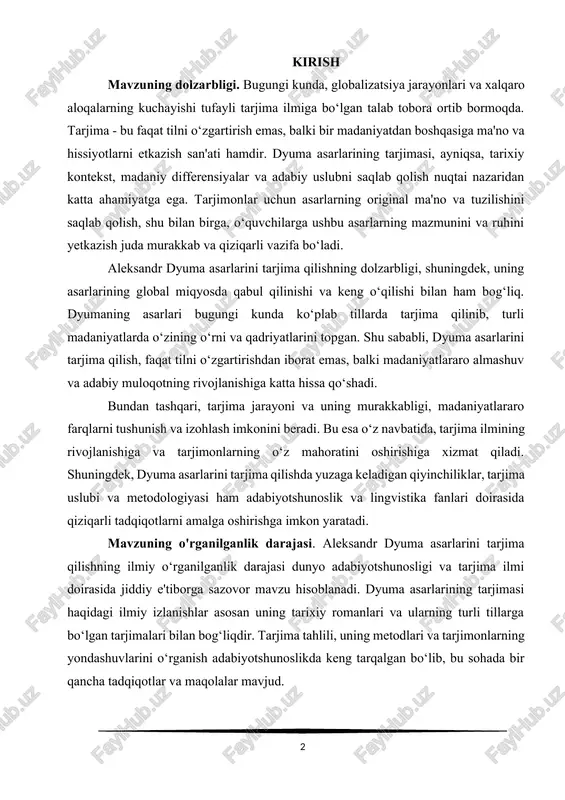 va adabiy muloqotning rivojlanishiga katta hissa qo‘shadi. bundan tashqari, tarjima jarayoni va uning murakkabligi, madaniyatlararo farqlarni tushunish va izohlash imkonini beradi. bu esa o‘z navbatida, tarjima ilmining rivojlanishiga va tarjimonlarning o‘z mahoratini oshirishiga xizmat qiladi. shuningdek, dyuma asarlarini tarjima qilishda yuzaga keladigan qiyinchiliklar, tarjima uslubi va metodologiyasi ham adabiyotshunoslik va lingvistika fanlari doirasida qiziqarli tadqiqotlarni amalga oshirishga imkon yaratadi. mavzuning o'rganilganlik darajasi. aleksandr dyuma asarlarini tarjima qilishning ilmiy o‘rganilganlik darajasi dunyo adabiyotshunosligi va tarjima ilmi doirasida jiddiy e'tiborga sazovor mavzu hisoblanadi. dyuma asarlarining tarjimasi haqidagi ilmiy izlanishlar asosan uning tarixiy romanlari va ularning turli tillarga bo‘lgan tarjimalari bilan bog‘liqdir. tarjima tahlili, uning metodlari va tarjimonlarning yondashuvlarini o‘rganish adabiyotshunoslikda keng tarqalgan bo‘lib, bu sohada bir qancha tadqiqotlar va maqolalar mavjud. tarjima ilmida dyuma asarlari, xususan, uning eng mashhur romanlari — “qul”, “yigirma yildan keyin”, “grimmesiz o‘n ikki” kabi asarlari ko‘plab tadqiqotchilar tomonidan tahlil qilingan. bu asarlar ko‘plab tillarga tarjima qilingan va …