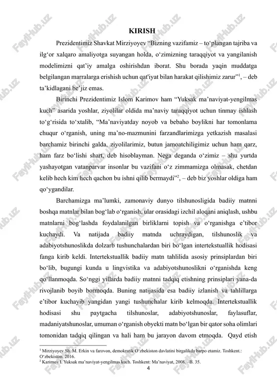 engilmas kuch. toshkent: ma’naviyat, 2008. –b. 35. ] barchamizga ma’lumki, zamonaviy dunyo tilshunosligida badiiy matnni boshqa matnlar bilan bog‘lab o‘rganish, ular orasidagi izchil aloqani aniqlash, ushbu matnlarni bog‘lashda foydalanilgan birliklarni topish va o‘rganishga e’tibor kuchaydi. va natijada badiiy matnda uchraydigan, tilshunoslik va adabiyotshunoslikda dolzarb tushunchalardan biri bo‘lgan intertekstuallik hodisasi fanga kirib keldi. intertekstuallik badiiy matn tahlilida asosiy prinsiplardan biri bo‘lib, bugungi kunda u lingvistika va adabiyotshunoslikni o‘rganishda keng qo‘llanmoqda. so‘nggi yillarda badiiy matnni tadqiq etishning prinsiplari yana-da rivojlanib boyib bormoqda. buning natijasida esa badiiy izlanish va tahlillarga e’tibor kuchayib yangidan yangi tushunchalar kirib kelmoqda. intertekstuallik hodisasi shu paytgacha tilshunoslar, adabiyotshunoslar, faylasuflar, madaniyatshunoslar, umuman o‘rganish obyekti matn bo‘lgan bir qator soha olimlari tomonidan tadqiq qilingan va hali ham bu jarayon davom etmoqda. qayd etish joizki, bu yo‘nalishda dunyo tilshunosligida ham, o‘zbek tilshunosligida ham salmoqli yutuqlarga erishilgan. matnning mazmuniy idrok qilinishi, umuman badiiy matnning tushunilishi kitobxon tafakkurini boyitish, ma’naviy-axloqiy darajasini yuksaltirish, til …