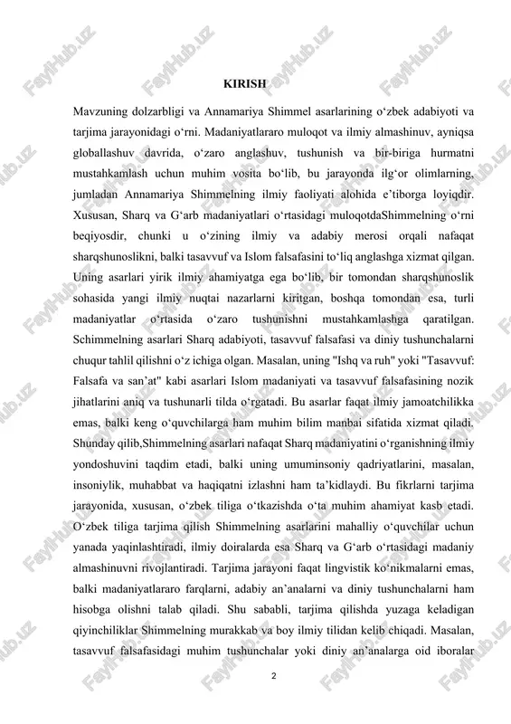 ni mustahkamlashga qaratilgan. schimmelning asarlari sharq adabiyoti, tasavvuf falsafasi va diniy tushunchalarni chuqur tahlil qilishni o‘z ichiga olgan. masalan, uning "ishq va ruh" yoki "tasavvuf: falsafa va san’at" kabi asarlari islom madaniyati va tasavvuf falsafasining nozik jihatlarini aniq va tushunarli tilda o‘rgatadi. bu asarlar faqat ilmiy jamoatchilikka emas, balki keng o‘quvchilarga ham muhim bilim manbai sifatida xizmat qiladi. shunday qilib,shimmelning asarlari nafaqat sharq madaniyatini o‘rganishning ilmiy yondoshuvini taqdim etadi, balki uning umuminsoniy qadriyatlarini, masalan, insoniylik, muhabbat va haqiqatni izlashni ham ta’kidlaydi. bu fikrlarni tarjima jarayonida, xususan, o‘zbek tiliga o‘tkazishda o‘ta muhim ahamiyat kasb etadi. o‘zbek tiliga tarjima qilish shimmelning asarlarini mahalliy o‘quvchilar uchun yanada yaqinlashtiradi, ilmiy doiralarda esa sharq va g‘arb o‘rtasidagi madaniy almashinuvni rivojlantiradi. tarjima jarayoni faqat lingvistik ko‘nikmalarni emas, balki madaniyatlararo farqlarni, adabiy an’analarni va diniy tushunchalarni ham hisobga olishni talab qiladi. shu sababli, tarjima qilishda yuzaga keladigan qiyinchiliklar shimmelning murakkab va boy ilmiy tilidan kelib chiqadi. masalan, …