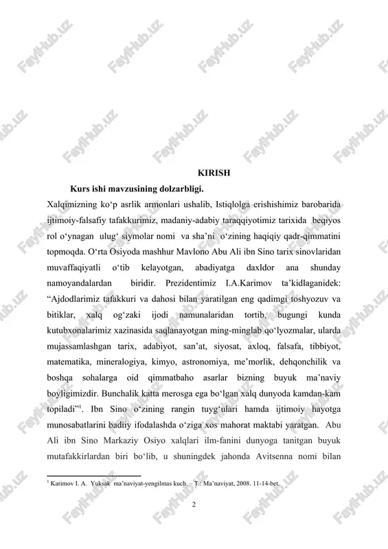 da o‘ziga xos mahorat maktabi yaratgan. abu ali ibn sino markaziy osiyo xalqlari ilm-fanini dunyoga tanitgan buyuk mutafakkirlardan biri bo‘lib, u shuningdek jahonda avitsenna nomi bilan mashhurdir. shuning uchun ham madaniy merosimizni, uning ulug‘ siymolarining hayot va ijod yo‘llarini ham ilmiy ham badiiy talqin etish bugungi kunimizning muhim vazifalaridan biridir. endilikda mustaqillik sharofati bilan o‘zbek adabiyoti tarixi yangilanayotgan badiiy tafakkur talablari asosida qayta idrok etilmoqda, o‘tmishda yaratilgan asarlarning asl mohiyatini ochishga harakat qilinmoqda. vatanimiz mustaqillikka erishgandan so‘ng tarix uchun nisbatan qisqa fursat ichida o‘tmish adabiyotimiz va tarixiy asarlarimizni o‘rganishda to‘g‘ri va xolis yondashuv ustuvor tekshirish usuliga aylanmoqda. kurs ishining maqsad va vazifalari. ibn sinoning adabiyotga doir asarlarini batafsil va atroflicha o‘rganib chiqish. kurs ishining yangiligi. ma’lumki, ibn sinoning hayoti va ijodi yetarlicha o‘rganilgan. ammo uning adabiyotga doir asarlari va undagi voqelik, davr, muhit muammolari yetarlicha tahlil qilinmagan. ana shuning o‘zi kurs ishining yangiligini belgilaydi. kurs ishining ilmiy-amaliy ahamiyati. mazkur kurs …