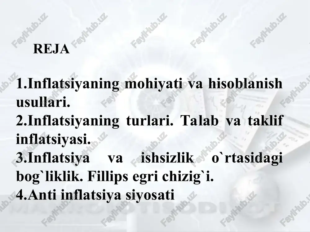 damida ini0 – o‘tgan yilning ini ini1 – joriy yilning ini 70 miqdor qoidasi yordamida: 70 inflyatsiya sur’ati = necha yildan keyin narxlar darajasi ikki baravar oshadi inflatsiya turlari inflyatsiyaning kelib chiqish sabablariga ko‘ra inflyatsiya talab inflyatsiyasi taklif inflyatsiyasi talab inflyatsiyasi talab inflyatsiyasi – ortiqcha talab orqali kelib chiqadigan inflyatsiya bu inflyatsiya turi iqtisodiyotda iste’molchilarning inflyatsiya kutilishlari yoki pul massasining ko‘payishi natijasida talabning keskin oshib ketishi oqibatida yuzaga keladi. talabning ortishi umumiy talab (ad) egri chizig‘ini ad₀ dan ad₁ gacha o‘ngga siljitadi. natijada ishlab chiqarish hajmi, narxlar darajasi va bandlik darajasi oshadi. ad egri chizig‘i yanada o‘ngga siljiganda iqtisodiyot to‘liq bandlik holatiga erishadi, bu bosqichda narxlar darajasi oshishda davom etadi, biroq ishlab chiqarish hajmi o‘zgarmaydi. p ad0 ad1 as p1 p0 q0 q1 q talab inflatsiyasi talab inflyatsiyasiga sabab bo‘luvchi omillar: davlat xarajatlarining keskin oshishi (infratuzilma loyihalari, qurilishlar va h.k.) aholining daromadlari yoki ish haqlarining tez o‘sishi pul massasining ko‘payishi …
