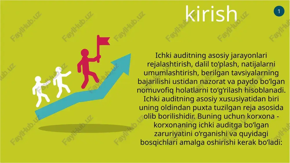 a turini, talab qilingan menejment tizimi bilan qay darajada muvofíqligi va uning natijalari samarasini baholashda foydalaniladi. “ ” vertikal vertikal ko ‘rinishdagi model korxonaning alohida bo’limlari faoliyati muvofiqligini tekshirish uchun ishlatiladi. shuni aytib o‘tish lozimki, har ikkala model orasida gorizontal model ko‘p mehnat talab qiladigan va uzoq davom etadigan jarayon va shu bilan birga muhim ahamiyat kasb etadi. u talab qilingan tekshiruv obyektida turli xil bolimlaring va undagi mas’ul shaxslarning faoliyati birgalikda qamrab olib tekshiradi. bundan tashqari, gorizontal tekshiruv bo‘limlararo aloqalardagi to‘siqlarni cheklab, menejment tizimi ishtirokchilarini bir-biriga ta’sirini kengaytiradi. “ ” ichki auditorlar ikki turdagi xizmatlarni taqdim etadilar: 1 konsalting xizmatlari - mijozlarning faoliyat turiga bog‘liq bo‘lgan xizmatlarga maslahat berishni ifodalaydi va bunda kelishuvga erishilgan mijozning ish jarayoniga qiymat qo‘shish, risklarni boshqarish va boshqarish jarayonlarini rivojlantirish uchun xizmat qiladi, boshqaruv jarayonida mas’uliyat bilan yondashishni o‘rgatadi. 2 kafolat xizmatlari - korxona uchun boshqaruv, risklarni boshqarish va nazorat qilish jarayonlariga mustaqil baho …