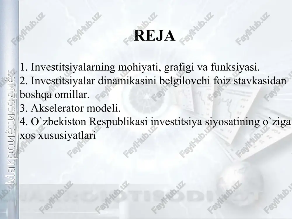 alab d pul kapitali bozorida muvozanatlik. makroiyotisodiyot 6. investitsiyalar samaradorligi va ko'rsatkichlari. multiplikator samarasi investitsiyalar samaradorligi quyidagi ko'rsatkichlar orqali aniqlanadi 1.investitsiya samaradorligi ic= 2. mahsulot investitsiyalar sig'imi mi = 3. qo'shimcha investitsiya samaradorligi: ∆ ic= 4. qo'shimcha mahsulot investitsiya sig'imi: ∆ mi = 5.investitsiyaning qoplanish muddati: iq.m.= bundan tashqari investitsiyalar samaradorligi tarmoqlar, sohalar va hududlar bo'yicha aniqlanib tahlil qilinadi makroiyotisodiyot multiplikator samarasi = smm (daromad)dagi o'zgarish investitsiyalardagi o'zgarish smmdagi o'zgarish =multiplikator x investitsiyalardagi o'zgarishlar makroiyotisodiyot iqtisodchilar investitsiyaning o'sishi daromadlar o'sishi bilan bog'lanadigan yana bir ko'rsatgich akselerator qo'rsatkichini kiritishgan. akselerator (lot. accelero- tezlashtiruvchi) bu investitsiyalar o'sishining milliy daromadga nisbatini ko'rsatuvchi koeffitsenti bo'lib, u joriy yildagi investitsiya o'sishini o'tgan yilgi milliy daromad o'sishiga nisbati tarzida hisoblanadi. makroiyotisodiyot investitsiyalar yoki kapital go yilmalar investitsiya — iqtisodiyotga kapital mablag* kiritish. bu, hali buyumlashmagan, lekin ishlab chiqarish vositalariga qo‘yilgan kapitaldir. o'zining moliyaviy shakliga ko’ra, ular foyda olish maqsadida xo‘jalik faoliyatiga qo‘yilgan aktivlar hisoblansa, iqtisodiy mohiyatiga …