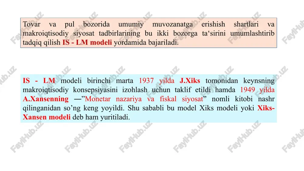 belgilab berildi. y* ikkala bozordagi muvozanatga erishish uchun foiz stavkasi va daromad stavkasi miqdorlarining faqatgina bitta biriqmasi bo’lishi mumkin yopigq iqtisodiyotda qat’iy narxlar sharoitida daromad va foiz stavkasining o’zgarishiga makroiqtisodiy siyosatning ta’sir etishi uvchi soliq siyosati y rag’batlantiruvchi pul — kredit siyosati foiz stavkasi | y¥1-y2 y sigib chiqarish samarasi bu iqtisodiy hodisada davlat xarajatlarning o’sishi xususiy investitsiyalar va sof eksportni siqib chiqaradi. y1- y* y2 ms = const {8 siqib chigarish gtr) =y tec tay t=md t=r t2711 xnl=y + rag’batlantiruvchi soliq:- budjet'siyosati chizmadagi tasviri rag’batlantiruvchi pul ~ kredit siyosati chizmadagi tasviri