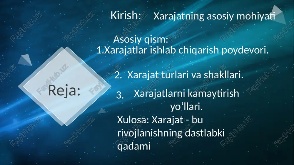ri, boshqaruv xodimlari maoshi. oʻzgaruvchan xarajatlar - xom ashyo, materiallar, yonilgʻi, transport xizmati, ishchilar ish haqi va shu kabilar uchun harajatlar. umumiy xarajat - doimiy va oʻzgaruvchan harajatlar yi-gʻindisi. bevosita ichki xarajatlar - konkret mahsulot ishlab chiqarishga ketgan va bevosita uning tannarxiga oʻtadigan harajatlar. bilvosita xarajatlar - mahsulot tannarxiga bevosita qoʻshilmaydigan harajatlar. oʻzgaruvchan xarajatlar - maʼlum vaqt orali-gʻidagi mahsulot birligiga, tovarlar partiyasi boʻyicha yoki tashkilotlar gu-ruqi boʻyicha bir buyumga toʻgʻri keladigan harajatlarning oʻrtacha kattaligi. ekspluatatsiya xarajatlari - uskunalar, mashinalar, transport, i.ch. vositalarini va kundalik foydalaniladigan xoʻjalik buyumlarini ishlatish bilan bogʻliq boʻlgan harajatlar. muomala xarajatlari tushunchasi tovarlarni sotish jarayoni bilan bogʻliq boʻlib, shu tovarlarni ishlab chiqaruvchidan olib, isteʼmolchiga yetkazilguncha ketadigan safrlarga aytiladi.ular ikki guruhga boʻlinadi qoʻshimcha muomala xarajatlari va sof muomala xarajatlari. qoʻshimcha muomala xarajatlari - tovarlarni oʻrash qadoqlash, saralash, transportga ortish, tashish va saqlash xarajatlari muomala xarajatlarining bu turlari ishlab chiqarish xarajatlariga yaqin turib, tovar qiymatiga kiradi va uning qiymatini …