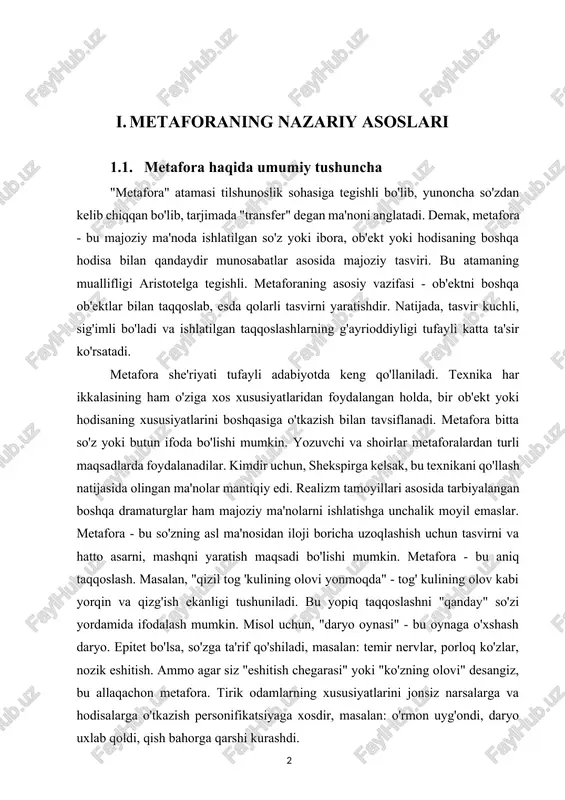 mumkin. metafora - bu aniq taqqoslash. masalan, "qizil tog 'kulining olovi yonmoqda" - tog' kulining olov kabi yorqin va qizg'ish ekanligi tushuniladi. bu yopiq taqqoslashni "qanday" so'zi yordamida ifodalash mumkin. misol uchun, "daryo oynasi" - bu oynaga o'xshash daryo. epitet bo'lsa, so'zga ta'rif qo'shiladi, masalan: temir nervlar, porloq ko'zlar, nozik eshitish. ammo agar siz "eshitish chegarasi" yoki "ko'zning olovi" desangiz, bu allaqachon metafora. tirik odamlarning xususiyatlarini jonsiz narsalarga va hodisalarga o'tkazish personifikatsiyaga xosdir, masalan: o'rmon uyg'ondi, daryo uxlab qoldi, qish bahorga qarshi kurashdi. metafora deganda, narsa va hodisalar oʻrtasidagi oʻxshashlik tushuniladi, yaʼni nutqqa obrazlilik, emotsiya berish maqsadida narsa va hodisalar oʻrtasidagi oʻxshashlikka asoslanib, soʻzlar va iboralarning koʻchma maʼnoda ishlatilishidir. marita rot fikriga koʻra: «metaforalar tilning bezagi uchungina emas, balki, koʻproq tushunarlilik uchun ham xizmat qiladi. aristotel oʻzining «ritorika» asarida metafora bilan oʻxshatish oʻrtasida katta farq yoʻqligini yaxshi oʻxshatishni osonlik bilan metaforaga aylantirish mumkinligini, ularni mohiyatida yaqinlik mavjudligini taʼkidlab koʻrsatdi. yunon …