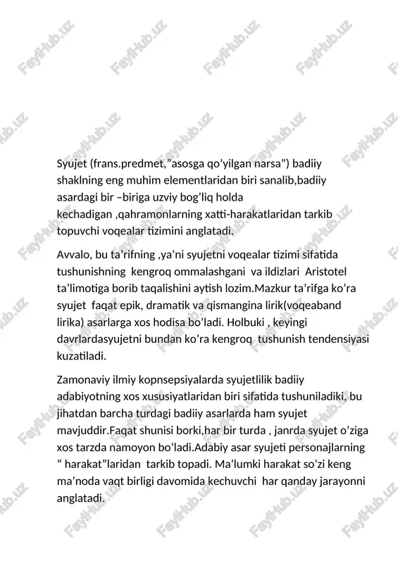 . jumladan, “o’tkan kunlarda”da. tugundan keyingi voqealar zanjiri voqea rivoji deb yuritiladi. odatda, syujet voqealari bosqichma –bosqich rivojlantirib boriladi. asardagi voqealar rivojining eng yuqori nuqtasi . undagi konfilikt benihoya kuchaygan o’rni kulminatsiya deb yuritiladi. kulminatsiya endi asar voqealarining yechimga tomon intilishini,bir tomonga hal bo’lishini taqozo qiladi. yechim syujet voqealari rivojining yakuni,ularning nihoyasida qahramonlar ruhiyatida, taqdirida yuzaga kelgan holatdir. yechimda konfiliktli holat , qahramonlar orasidagi ziddiyatlar o’zining badiiy yechimini topadi. yechim asarda qo’yilgan konfiliktning yechimi sifatida emas , balki undagi voqealar rivojining yakuni, natijasi sifatida tushuniladi. yuqorida tavsiflangan tugun, voqea rivoji va kulminatsiya syujetni tutib turuvchi asosiy unsurlar sanaladi va ular har qanday syujetda mavjud bo’ladi . ekspozitsiya bilan yechim esa syujetning shart bo’lmagan elementlari bo’lib , ularning asarda bo’lish yoki bo’lmasligi yozuvchining ijodiy niyati , ijodiy individualligi , badiiy tasvir va talqin yo’sini bilan bog’liqdir. ayrim adabiyotlarda prolog bilan epilog ham syujet elementlari sirasida ko’rsatiladi. badiiy asar syujeti voqealardan, voqealar …
