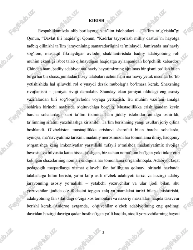 ri endigina har tomonlama o‘rganilmoqda. adabiyot faqat pedagogik maqsadlarga xizmat qiluvchi fan bo‘libgina qolmay, birinchi navbatda talabalarga bilim berishi, ya’ni ko‘p asrli o‘zbek adabiyoti tarixi va hozirgi adabiy jarayonning asosiy yo‘nalishi – yetakchi yozuvchilar va ular ijodi bilan, shu yozuvchilar ijodida o‘z ifodasini topgan xalq va mamlakat tarixi bilan tanishtirishi, adabiyotning fan sifatidagi o‘ziga xos tomonlari va nazariy masalalari haqida tasavvur berishi kerak. aniqroq aytganda, o‘quvchilar o‘zbek adabiyotining eng qadimgi davridan hozirgi davriga qadar bosib o‘tgan yo‘li haqida, atoqli yozuvchilarning hayoti va ijodi haqida muayyan bilimga ega bo‘lishlari va olgan ijobiy fazilatlarini mustaqil hayotlarida qo‘llashlari zarur. kurs ishining dolzarbligi. ko‘p asrlik tarixga ega madaniy va adabiy merosimizga munosabat istiqlol tufayli tubdan o‘zgardi. xalqimiz tarixi, dini va adabiyoti, ma’naviy qadriyatiga e’tibor kuchayib, ularning mavqeyini tiklash, xalqqa asl holida yetkazish imkoniyati paydo bo‘ldi. bu esa boshqa sohalar qatori adabiyotshunoslikda ham teran ilmiy izlanishlar olib borish, adabiy merosga yangicha nuqtayi nazardan yondashish zaruratini …