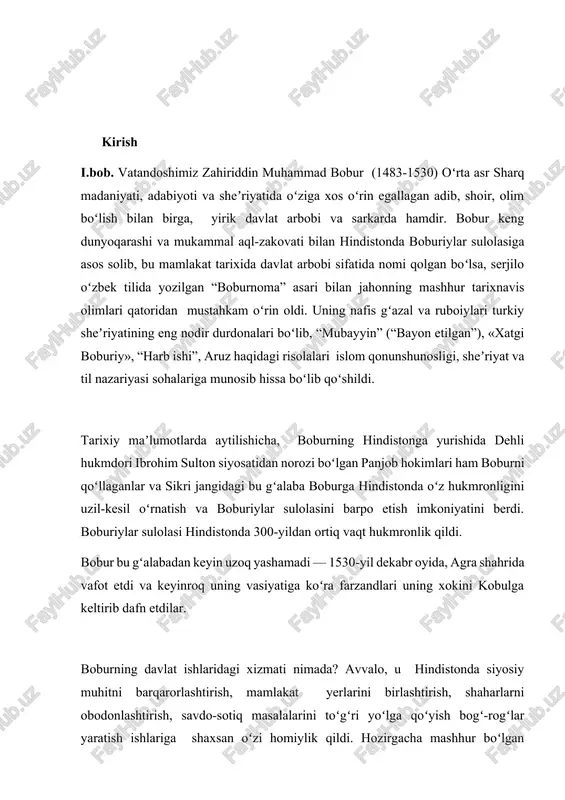 ida, agra shahrida vafot etdi va keyinroq uning vasiyatiga koʻra farzandlari uning xokini kobulga keltirib dafn etdilar. boburning davlat ishlaridagi xizmati nimada? avvalo, u hindistonda siyosiy muhitni barqarorlashtirish, mamlakat yerlarini birlashtirish, shaharlarni obodonlashtirish, savdo-sotiq masalalarini toʻgʻri yoʻlga qoʻyish bogʻ-rogʻlar yaratish ishlariga shaxsan oʻzi homiylik qildi. hozirgacha mashhur boʻlgan meʼmoriy yodgorliklar, bogʻlar, kutubxonalar, karvonsaroylar qurdirish, ayniqsa, uning oʻgʻillari va avlodlari davrida kengaydi, deyish mumkin. hindiston sanʼati va meʼmorchiligiga markaziy osiyo uslubining kirib kelishi sezila boshladi. bobur va uning hukmdor avlodlari huzurida oʻsha davrning ilgʻor va zehni oʻtkir olimlari, shoirlari, musiqashunoslari va davlat arboblarini mujassam etgan mukammal bir maʼnaviy-ruhiy muhit vujudga kelgandi. boburiylar davlatidagi madaniy muhitning hindiston uchun ahamiyati haqida hind xalqining mashhur arbobi javoharlaʼl neru shunday yozgan edi: “bobur hindistonga kelgandan keyin katga siljishlar yuz berdi va yangi ragʻbatlantirishlar hayotga, sanʼatga, arxitekturaga toza havo baxsh etdi, madaniyatning boshqa sohalari esa bir-birlariga tutashib ketdi”. bobur hindistonda katta hajmdagi adolatli davlat ishlari bilan …