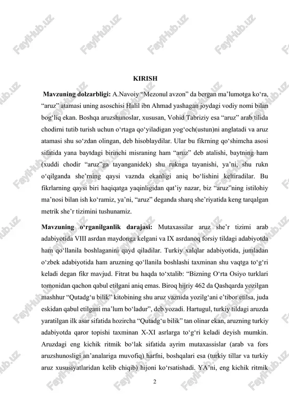 abul etilgani ma’lum bo‘ladur”, deb yozadi. hartugul, turkiy tildagi aruzda yaratilgan ilk asar sifatida hozircha “qutadg‘u bilik” tan olinar ekan, aruzning turkiy adabiyotda qaror topishi taxminan x-xi asrlarga to‘g‘ri keladi deyish mumkin. aruzdagi eng kichik ritmik bo‘lak sifatida ayrim mutaxassislar (arab va fors aruzshunosligi an’analariga muvofiq) harfni, boshqalari esa (turkiy tillar va turkiy aruz xususiyatlaridan kelib chiqib) hijoni ko‘rsatishadi. ya’ni, eng kichik ritmik bo‘lak sifatida harfning olinishi arab tili (va yozuvi) uchun xosroq, o‘zbek tili uchun esa hijoning olingani qulayroq. shunday bo‘lsa ham, aruzdagi tarkiblanishni yaxshiroq tasavvur qilish uchun harf eng kichik birlik sifatida olingan holatdagi tarkiblanishga qisqacha to‘xtalib o‘tish maqsadga muvofiq. kurs ishining maqsadi: demak, arab aruzshunosligida eng kichik ritmik bo‘lak — harf, harf esa ikki turli bo‘ladi: mutaharrik (cho‘zg‘ili) va sokin (cho‘zg‘isiz). cho‘zg‘i deganda unli tovush tushunilishi e’tiborda tutilsa, “mutaharrik harf”, “sokin harf” atamalarining ma’nosi anglashiladi. masalan, “ko‘z” so‘zi ikkita harf: bir mutaharrik (“ko‘”) va bir sokindan (“z”) …