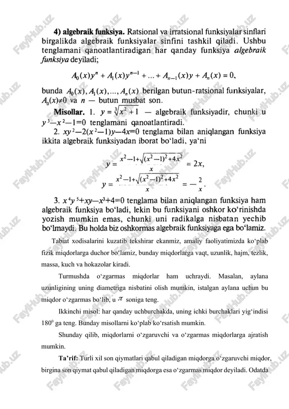 qdor uzluksiz miqdor deyiladi. uzluksiz miqdorning o‘zgarish sohasi ko‘pincha bir yoki bir necha oraliqdan iborat bo‘ladi: yopiq oraliq yoki (bu yerda ikki uchi tegishli), yopiq oraliq ba’zan kesma yoki segment deb ham yuritiladi. yarim yopiq oraliq: (bu yerda faqat bitta uchi tegishli) ochiq oraliq: (bu yerda bitta ham uchi tegishli emas). oraliqlar bir tomondan yoki ikki tomondan cheksiz bo‘lishi mumkin. bu oraliqlar o‘ng uchga ega emas. ushbu oraliqlar chap uchga ega emas. (v sonni o‘zini ham qabul qiladi). . agar x miqdor ixtiyoriy haqiqiy sonlarni qabul qilsa, uning o‘zgarish sohasi quyidagicha yoziladi: bu yerda simvollar hech qanday sonni bildirmaydi. odatda v-a son oraliqning uzunligi deyiladi. 30. o‘zgaruvchilar orasidagi funksional bog‘lanish. funksiya tushunchasini ta’rifi, funksiyaning aniqlanish va o‘zgarish sohasi. fan va turmushning turli sohalarida, matematikaning o‘zida, fizikada, texnikada birgalikda o‘zaro bir-biriga bog‘liq ravishda o‘zgaruvchi miqdorlar ko‘p uchraydi.funksiya tushunchasi matematikaning asosiy tushunchalaridan biri bo‘lib, u ikkita (umumiy holda bir necha) o‘zgaruvchi miqdor …
