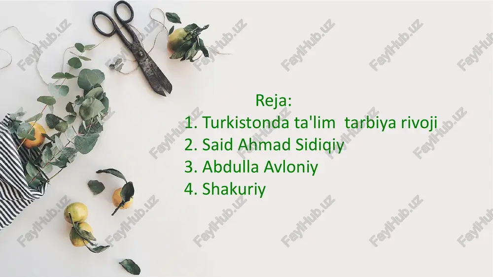 rttiradi. ajziy (taxallusi; asl ismi saidahmad hasanxoʻja oʻgʻli siddiqiy) (1864 — samarqand — 1927) — maʼrifatparvar shoir, tarjimon. milliy uygʻonish davrining yirik vakillaridan biri. oʻzbekistonda xizmat koʻrsatgan oʻqituvchi (1926). ajziy 1864-yil samarqand viloyatining jomboy tumani halvoyi qishlogʻida hunarmand oilasida tavallud topdi ajziy 80-yillardan sheʼr yoza boshlagan. „ayn ul-adab“ („odob chashmasi“, 1916), „ganjinai hikmat“ („hikmat xazinasi“, 1914) kabi sheʼriy toʻplamlari, „mir’oti ibrat“ („ibrat oynasi“, 1914), „anjumani arvoh“ („arvohlar yigʻini“, 1912) dostonlari nashr qilindi. „mir’oti ibrat“da turkistonning oʻsha davrdagi fojiali ahvoli va undan qutulish choralari haqida bahs yuritgan. ilm-fan, davlat, til, qonun — bularsiz hech bir millatning istiqboli yoʻq, bu toʻrt narsani qoʻlga kiritmagan millat halokatga mahkumdir, deydi. „anjumani arvoh“da esa xonlikdagi turgʻunlik tanqid qilingan. sheʼrlari chuqur falsafiy mazmuni, ijtimoiy-siyosiy mushohadalari, fuzuliy va bedilona uslubi bilan ajralib turadi. thank you thanks image1.jpeg image2.jpeg image3.jpeg image4.jpeg