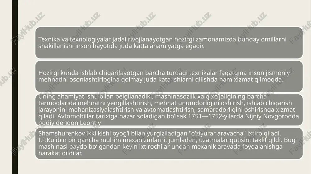 biroq shunga qaramay, bu dvigatellar vallarida hosil bo’ladigan burovchi moment avtomobilning turli yo’l sharoitlarida yura olishiga yetarli emas. 1-rasm. yuk avtomobilining yetakchi ko’prigi yig’masi avtomobilning harakatlanishi uchun uning yetakchi g’ildiraklaridagi burovchi momentni oshirish qisman uzatmalar qutisi yordamida bajariladi. lekin avtomobil ish mobaynida ko’p vaqt nisbatan katta tezlik bilan to’g’ri uzatmada harakatlanadi. demak, to’g’ri uzatmada, dvigatel validagi burovchi moment o’zgarmasdan, ya’ni avtomobilning yura olishga yetarli bo’lmagan holda yetakchi g’ildiraklarga uzatilgan bo’lar edi. shu sababli, avtomobilning yetakchi g’ildiraklaridagi burovchi momentni (aylanishlar chastotasini kamaytirish hisobiga) zarur miqdorga oshirish uchun transmissiyaga asosiy uzatma kiritiladi. 2-rasm. asosiy uzatmani qismlari asosiy uzatmadeb uzatmalar qutisidan keyin burovchi momentni kuchaytiruvchi transmissiya mexanizmiga aytiladi. avtomobillarda burovchi moment asosiy uzatmadan to’g’ri burchak ostida uzatiladi. asosiy uzatma yakka, bir juft shesternadan va qo’shaloq ikki juft shesternadan tashkil topgan bo’lishi mumkin. yetakchi shesternalar val bilan bir butun yoki olinadigan qilib yasaladi. yetaklanuvchi shesternalar asosan differensial korpusiga boltlar yoki parchin mixlar bilan mahkamlanadigan, …