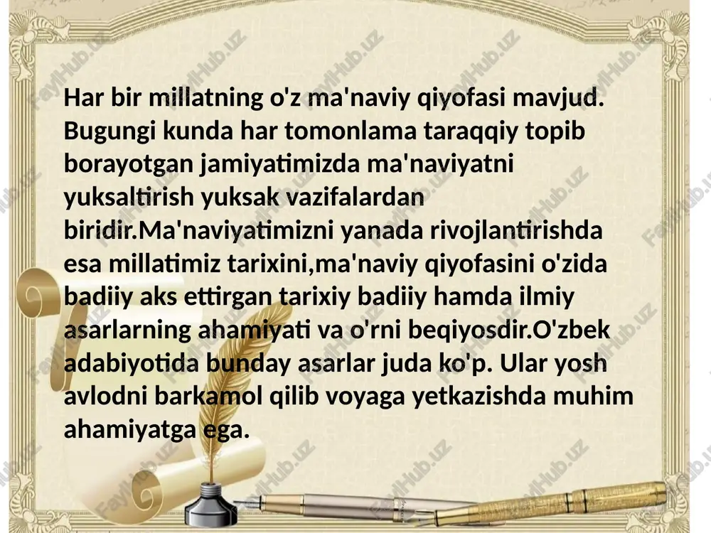 g`a” kabi juda ko`p sherlari kichik maktab yoshidagi bolalarga bag`ishlangan. “maktab bolasi” sheri boshlangich sinf o`quvchilari hayotidan olib yozilgan. asarda ishyoqmas, dangasa bolaning qalbida o`qishga muhabbat uygonishi umumiy yo`sinda bayon etiladi: yo`lga soldi til ila yo`ldoshin, maktabga moyil ayladi boshin. soldi o`rtogining so`zina quloq, bosdi ul ham o`quv yo`lina oyoq. ikkisi birga bo`ldilar mullo, chiqdi xatu savod ham imlo. shu tariqa shoir qissadan hissa chiqarar ekan, “yaxshi bilan yursang yetarsan murodga” goyasini ilgari suradi. abdulla avloniy o`zbek adabiyotida drama janrining rivojlanishiga ham katta hissa qo`shdi. uning “advokatlik osonmi?”, “pinak”, “biz va siz” pyesalari adabiyotimiz tarixida o`chmas iz qoldirdi. xulosa qilib aytganda, avloniy ijodiy merosi ma'naviy-ma'rifiy tarbiya g'oyasining targ'ibotchisidir. uning asarlarida ilgari surilgan ta'lim-tarbiyaga oid fikrlar milliy ma'naviyatimiz rivojlanishida qimmatli bir manba bo'lib xizmat qiladi. bu ulug' adib ijodi, amaliy faoliyati bugungi kun yoshlarimiz uchun ibrat maktabi, desak adashmaymiz. image1.jpeg image2.jpeg image3.png image4.jpeg image5.png image6.png image7.jpeg amid fev a yp bh …