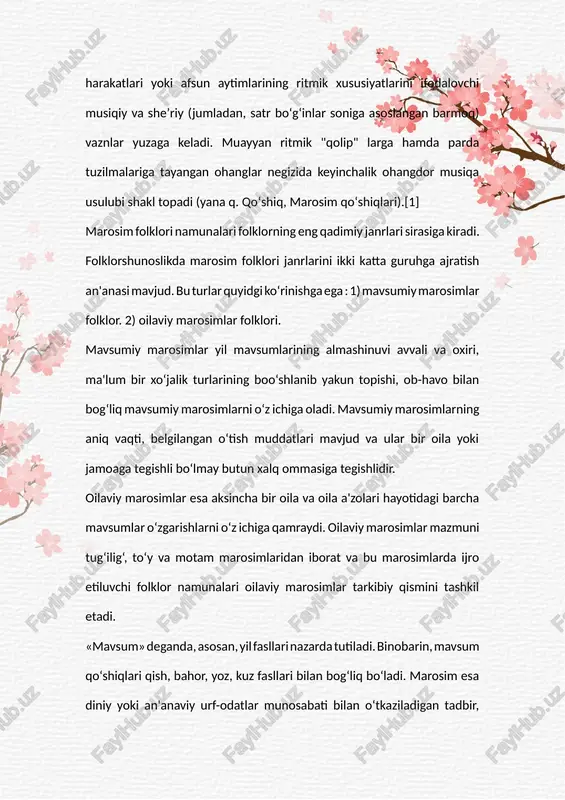 y marosimlar folklori. mavsumiy marosimlar yil mavsumlarining almashinuvi avvali va oxiri, ma'lum bir xo‘jalik turlarining boo‘shlanib yakun topishi, ob-havo bilan bog‘liq mavsumiy marosimlarni o‘z ichiga oladi. mavsumiy marosimlarning aniq vaqti, belgilangan o‘tish muddatlari mavjud va ular bir oila yoki jamoaga tegishli bo‘lmay butun xalq ommasiga tegishlidir. oilaviy marosimlar esa aksincha bir oila va oila a'zolari hayotidagi barcha mavsumlar o‘zgarishlarni o‘z ichiga qamraydi. oilaviy marosimlar mazmuni tug‘ilig‘, to‘y va motam marosimlaridan iborat va bu marosimlarda ijro etiluvchi folklor namunalari oilaviy marosimlar tarkibiy qismini tashkil etadi. «mavsum» deganda, asosan, yil fasllari nazarda tutiladi. binobarin, mavsum qo‘shiqlari qish, bahor, yoz, kuz fasllari bilan bog‘liq bo‘ladi. marosim esa diniy yoki an'anaviy urf-odatlar munosabati bilan o‘tkaziladigan tadbir, yig‘in demakdir. u bayram umumxalq shodiyonasi, tantana kun ma'nosini ifodalaydi. ma’lum bo‘ladiki, «marosim» tushunchasi «bayram» so‘zi ifodalagan ma'nodan kengligi bilan farq qilar ekan. chunki marosim bir shaxs hayotidagi muhim voqyea bilan bog‘lanishi mumkin. bu tadbir oila chegarasi bilan …