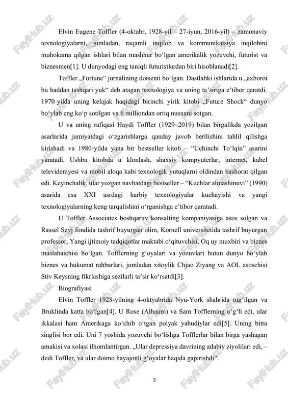 aum) va sam tofflerning oʻgʻli edi, ular ikkalasi ham amerikaga koʻchib oʻtgan polyak yahudiylar edi[5]. uning bitta singlisi bor edi. uni 7 yoshida yozuvchi boʻlishga tofflerlar bilan birga yashagan amakisi va xolasi ilhomlantirgan. „ular depressiya davrining adabiy ziyolilari edi, – dedi toffler, va ular doimo hayajonli gʻoyalar haqida gapirishdi“. toffler 1950-yilda nyu-york universitetini ingliz tili boʻyicha bitirgan, ammo u siyosiy faollikka koʻproq eʼtibor qaratgan. u oʻzining xotini boʻlmish adelaide elizabeth farrell (taxallusi „haydi“) bilan til fanida bitiruvchi kursni boshlaganida uchrashdi. ular radikal talabalar boʻlib, ular keyingi aspiranturadan voz kechishdi va klivlendga (ogayo shtati) koʻchib oʻtishdi. u yerda 1950-yil 29-aprelda turmush qurishdi. yozish uchun tajribalar orttirishni maqsad qilgan alvin va haydi toffler keyingi besh yil davomida kundalik ishlarida sanoat ommaviy ishlab chiqarishini o‘rganish maqsadida zavodda oddiy ishchilar sifatida faoliyat olib borishdi[6]. u o‘zining tajriba orttirish istagini boshqa yozuvchilar bilan solishtirdi, masalan, jek london yozish uchun mavzular izlab dengizda suzgan, jon steynbek …
