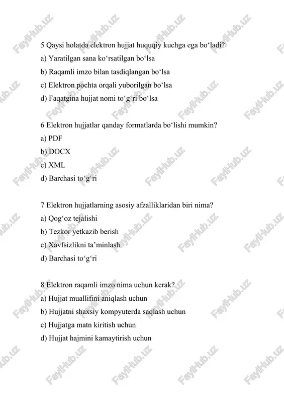 arxivlash mumkin? a) bulutli xizmatlar yordamida b) mahalliy serverlarda saqlash c) flashkartalar va disklar orqali d) barchasi to‘g‘ri 14 qanday hujjatni elektron hujjat deb atash mumkin? a) pdf yoki docx formatdagi fayl b) telegram yoki whatsapp orqali yuborilgan xabar c) qo‘lda yozilgan matn d) matbaa tomonidan tayyorlangan qog‘oz hujjat 15 elektron hujjatlar almashinuvi qaysi texnologiya yordamida himoyalanadi? a) kriptografiya b) vpn texnologiyasi c) elektron raqamli imzo d) barchasi to‘g‘ri javoblar: 1. d 2. d 3. d 4. c 5. b 6. d 7. d 8. a 9. d 10. d 11. d 12. b 13. d 14. a 15. d