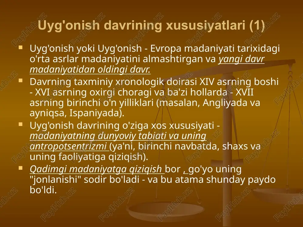 boʻldi. uyg'onish davrlari proto-uyg'onish davri (xiii asrning 2-yarmi - xiv asr) erta uyg'onish davri (15-asr boshi - 15-asr oxiri) yuqori uyg'onish davri (15-asr oxiri - 16-asrning birinchi 20-yillari) kech uyg'onish davri (16-asrning o'rtalari - 16-asrning 90-yillari) italiyaning uchta buyuk ustalarining ishi uyg'onish davrining eng yuqori cho'qqisini ko'rsatadi. leonardo da vinchi (1452-1519), mikelanjelo buonarotti (1475-1564) rafael santi (1483 - 1520). uch buyuk usta (2) evropada italiya uyg'onish davri italiya uyg'onish davri 1450 yilgacha boshqa mamlakatlarga juda oz ta'sir ko'rsatdi. 1500 yildan keyin bu uslub butun qit'aga tarqaldi, lekin ko'plab kechki gotika ta'siri barokko davrida ham saqlanib qoldi. gollandiya, germaniya va frantsiyadagi uyg'onish davri odatda alohida stilistik yo'nalish sifatida ajralib turadi, bu italiyadagi uyg'onish davri bilan ba'zi farqlarga ega va "shimoliy uyg'onish davri" deb ataladi. "shimoliy uyg'onish davri" ning asosiy shaxslari albrecht dyurer kichik hans xolbeyn lukas kranach oqsoqol piter brueghel oqsoqol uyg'onish davri odami uyg'onish davri faylasuflari aql va uning bunyodkorlik …