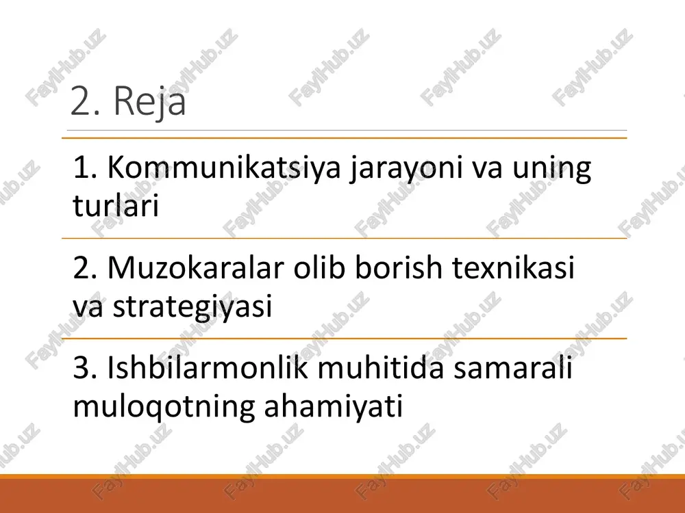 mijoz, shuningdek, sheriklar o‘rtasidagi ishonchni mustahkamlab, qaror qabul qilish va vazifalarni bajarish sifatini oshiradi. kompaniyaning obro‘si va brendi ham ko‘p jihatdan aloqa madaniyatiga bog‘liq. 10. muloqotdagi to‘siqlar 1. til va madaniy farqlar 2. shaxsiy muammolar 3. axborotni noto‘g‘ri tushunish 4. texnik shovqin 5. etarli e’tibor bermaslik bu to‘siqlar samarali kommunikatsiyaga salbiy ta’sir ko‘rsatadi. 11. texnologiyalar va aloqa zamonaviy aloqa texnologiyalari — elektron pochta, onlayn konferensiyalar, korporativ chatlar, crm tizimlar orqali muloqot tezligi, aniqligi va monitoringi sezilarli darajada oshgan. ular masofaviy ishlash imkoniyatini ham kengaytirmoqda. 12. raqamli kommunikatsiya etikasi raqamli muhitda muloqotda shaxsiy ma’lumotlarni himoya qilish, xabarlarga o‘z vaqtida javob berish, aniq va madaniyatli muloqot yuritish zarur. onlayn muzokaralarda ham noan’anaviy to‘g‘ridan-to‘g‘ri muloqotdagi etikaga amal qilish muhimdir. 13. xulosa samarali kommunikatsiya va muzokaralar tashkilotning samarali ishlashi, jamoaviy muhitni shakllantirish va strategik qarorlar qabul qilish uchun muhim vositadir. muvaffaqiyatli muloqot har doim e’tibor, ochiqlik, ijobiy munosabat va yaxshi tayyorgarlikka asoslanadi. 14. tavsiyalar …