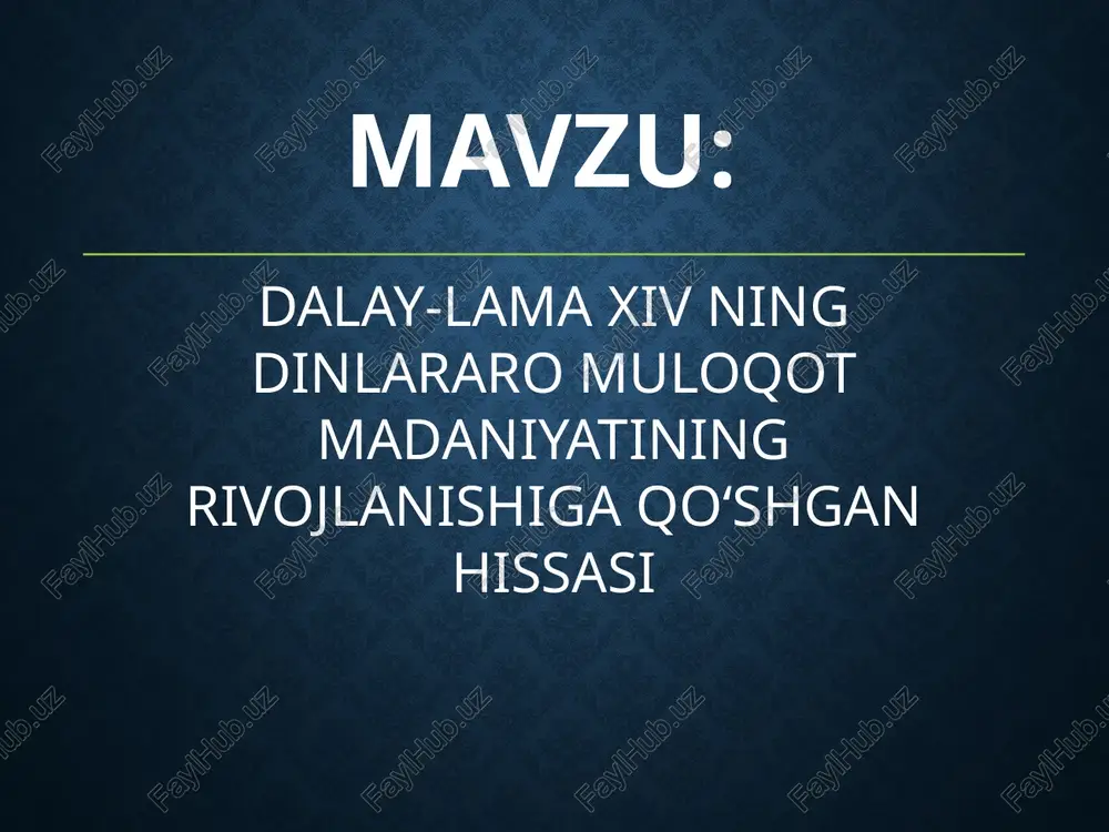 i dinlararo do‘stlik dalay-lama musulmon, nasroniy, yahudiy, hindu va boshqa din vakillari bilan yaqin aloqalar o‘rnatgan. ular bilan birgalikda urush, kamsitish, ekstremizmga qarshi fikr bildirgan va ijtimoiy loyihalarda ishtirok etgan. tinchlik targ‘iboti uning asosiy e’tibori dunyo bo‘ylab tinchlik va zo‘ravonliksiz hayot qurishga qaratilgan. dinlararo kelishmovchiliklarning oldini olish va murosani yo‘lga qo‘yish – uning asosiy maqsadlaridan biridir. kitob va chiqishlar uning yozgan asarlari orasida: - "etika dinlardan ustun" - "mehr-shafqat san’ati" - "dinlararo muloqot san’ati" bu asarlar global darajada e’tirof etilgan va ko‘plab tillarga tarjima qilingan. yoshlar bilan ishlash dalay-lama yosh avlodni diniy bag‘rikenglik va o‘zaro hurmat ruhida tarbiyalashga alohida e’tibor beradi. universitetlar, maktablarda ma’ruzalar o‘qib, yoshlar bilan suhbatlar o‘tkazadi. ilm-fan va din u ilm-fan bilan din o‘rtasidagi muloqotni qo‘llab-quvvatlaydi. uning tashabbusi bilan mind and life institute tashkil etilgan. bu institutda olimlar va ruhoniylar ilmiy-diniy muloqot olib boradi. gumanitar faoliyati dalay-lama ko‘plab gumanitar loyihalarda ishtirok etadi: qochqinlar uchun yordam, tabiiy ofatlar …