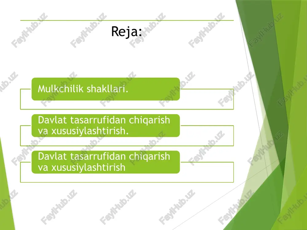 iyalarni amalga oshirish. jamoa mulki – muayyan maqsad yo’lida jamoaga birlashgan kishilar tomonidan moddiy va ma’naviy boyliklarni hamjihatlik bilan o’zlashtirishni bildiradi. shaxsiy mulk – bu fuqarolar mulki bo’lib, ularning shaxsiy yoki oilaviy ehtiyojini qondirishga xizmat qiladi. xususiy mulk – ayrim sohibkorlarga qarashli bo’lib, yollanma mehnatga asoslangan holda foydalanadigan mulkdir. davlat tasarrufidan chiqarish va xususiylashtirish. davlat tasarrufidan chiqarish – davlat korxonalarini va tashkilotlarini jamoa, ijara korxonalariga, aktsiyali jamiyatlarga, mas’uliyati cheklangan jamiyatlarga, davlatga qarashli mulk bo’lmaydigan boshqa korxonalar va tashkilotlarga aylantirishdir. xususiylashtirish – fuqarolarning va davlatga taalluqli bo’lmagan yuridik shaxslarning davlat mulki ob’ektlarini yoki davlat aktsiyali jamiyatlarining aktsiyalarini davlatdan sotib olishidir davlat mulkini xususiylashtirish usullari aholining ayrim ijtimoiy qatlamlariga bepul berish barcha jamiyat a’zolariga sotish barcha jamiyat a’zolariga bepul bo’lib berish mehnat jamoalariga sotish mehnat jamoalariga bepul topshirish kim oshdi savdosida fuqarolarga yoki yuridik shaxslarga sotish har bir jamiyat a’zosining davlat mulkini hosil qilishdagi ishtiroki, ya’ni qo’shgan hissasiga qarab bo’lib berish foyda …