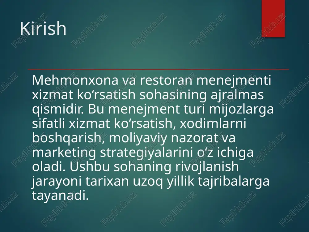 mehmonxona va restoran menejmentida klassik yondashuvlardan tashqari xizmatga yo‘naltirilgan, zamonaviy menejment nazariyalari qo‘llana boshlandi. bu esa samaraning oshishiga olib keldi. 8-bosqich: texnologik innovatsiyalar soha raqamlashtirish jarayoniga faol qo‘shildi. onlayn bron qilish, mobil ilovalar, crm tizimlar yordamida mijoz bilan aloqalar takomillashdi. bu esa samaradorlikni oshirdi. 9-bosqich: mijozga yo‘naltirilganlik hozirgi paytda mehmonxona va restoran menejmenti to‘liq mijoz ehtiyojlariga yo‘naltirilgan. mijoz fikri, sodiqlik dasturlari va shikoyatlar bilan ishlash asosiy yondashuvga aylandi. 10-bosqich: barqarorlik va ekologiya so‘nggi yillarda yashil menejment va ekologik barqarorlik muhim ahamiyat kasb etmoqda. energiya tejamkorlik, chiqindilarni kamaytirish va ekologik mahsulotlardan foydalanish asosiy tamoyillardan biridir. 11-bosqich: pandemiya davridagi o‘zgarishlar covid-19 pandemiyasi sohada katta o‘zgarishlarga sabab bo‘ldi. gigiyena talablari kuchaydi, masofaviy xizmatlar va onlayn menyular keng qo‘llanila boshlandi. 12-bosqich: o‘zbekistonda rivojlanish o‘zbekiston turizm salohiyati oshgani sari mehmonxona va restoranlar soni ham ortmoqda. davlat tomonidan ko‘plab loyihalar amalga oshirilmoqda, bu esa menejment sifatini oshirmoqda. 13-bosqich: ta’lim va kadrlar tayyorlash soha rivoji uchun malakali …