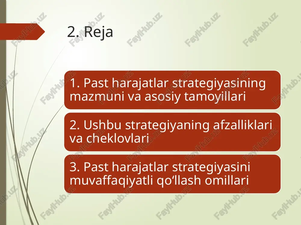 qilishi mumkin. - innovatsion cheklovlar: arzon ishlab chiqarishga urg‘u berish yangi texnologiyalarga sarmoya kiritishni sekinlashtiradi. - brend imidjining pasayishi: doimiy arzonlik brend qiymatini pasaytiradi. - raqobatchilar o‘z narxini pasaytirsa, ustunlik yo‘qoladi. 7. strategiyani qo‘llash shartlari ushbu strategiyani muvaffaqiyatli amalga oshirish uchun quyidagilar zarur: - texnologik ustunlik – zamonaviy texnologiyalardan foydalanish. - xarajatlarni nazorat qilish tizimi – har bir jarayonni monitoring qilish. - katta ishlab chiqarish quvvatlari – mahsulot hajmini kengaytirish imkoniyati. - tayyor, narxga sezgir bozor – past narxlar iste’molchilarni jalb qiladigan segmentga yo‘naltirish. 8. raqobat ustunligini ta’minlash past harajatlar strategiyasi kompaniyaga bozorda aniq narx ustunligini beradi. bu ustunlik orqali korxona raqobatchilardan ajralib turadi. arzon narxlar xaridorlar uchun jozibador bo‘lib, doimiy mijozlar bazasini shakllantirishga yordam beradi. kompaniya raqobatchilarga qaraganda ko‘proq hajmda sotish orqali barqaror daromad oladi. shu tariqa, kam xarajat, ko‘p sotuv va keng mijozlar bazasi orqali kuchli raqobat pozitsiyasi ta’minlanadi. 9. past harajatlar strategiyasi misolida kompaniyalar dunyo miqyosida walmart, …