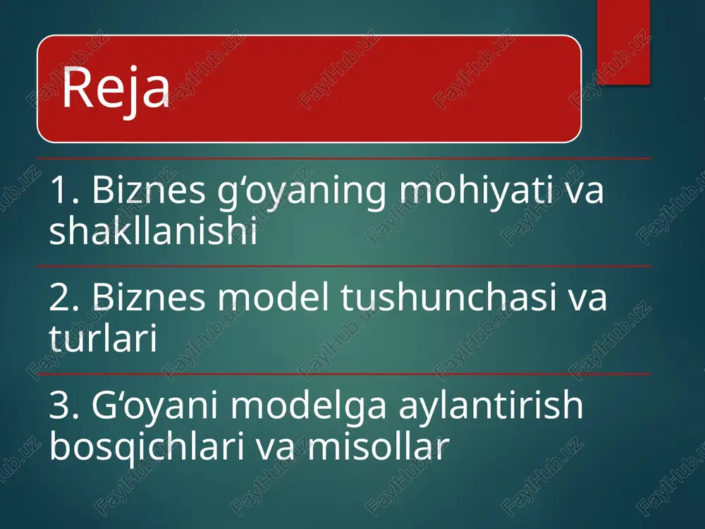 ad manbalari, asosiy resurslar, asosiy faoliyatlar, hamkorlar va xarajat tuzilmasi. bu model g‘oyani tizimli tarzda tuzishga yordam beradi va kompaniya qanday ishlashini aniqlashga xizmat qiladi. aynan canvas modeli bugungi kunda ko‘plab startaplar va investorlar tomonidan keng qo‘llaniladi. 7. startaplar misolida ko‘plab mashhur kompaniyalar aynan oddiy g‘oyadan boshlangan. masalan, airbnb – bo‘sh xonalarni ijaraga berish g‘oyasidan boshlab global mehmonxona xizmatiga aylandi. uber – shaxsiy mashina haydovchilarini mobil ilova orqali mijozlarga bog‘lash g‘oyasidan yirik transport kompaniyasiga aylandi. barcha hollarda g‘oya asosida aniq biznes model qurilgan. 8. biznes reja va biznes model farqi biznes model bu kompaniyaning qanday ishlashini ifodalasa, biznes reja bu model asosida tuzilgan amaliy harakatlar strategiyasidir. reja investorlar, banklar va hamkorlar bilan ishlashda kerak bo‘ladi. biznes model esa ichki boshqaruv, strategiya va qarorlar qabul qilishda muhimdir. 9. mahalliy startaplar o‘zbekistonda ham ko‘plab muvaffaqiyatli startaplar paydo bo‘lmoqda: express24, bookcafe, choyapp, zamonaviy it xizmatlari. ularning har biri muayyan g‘oya asosida shakllanib, biznes …