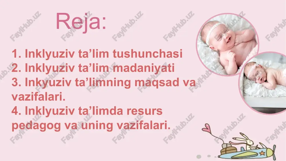 ydi degan taxminlar asosida qurilgan. 6 inklyuziv ta’lim madaniyati. ≪salamanka deklaratsiyasi≫ ga muvofiq, har bir o‘quvchining tafovut, xususiyatlarini qo‘llab quvvatlovchi va ma’qullovchi islohot sifatida qarashadi. uning maqsadi, jinsi, irqi, madaniyati, ijtimoiy millati, dini, individual imkoniyat va qobiliyatidagi tafovutlar oqibatida yuzaga keladigan ijtimoiy segregatsiyaga yo‘l qo‘ymaslikdir. 7 nogiron bolani oddiy sharoitga moslashtirish integratsiyaga qarab qo‘yilgan birinchi qadamdir. imkoniyati cheklangan bolalarning umum ta’iim muassasalari tarkibiga qamrab olinishi jahon miqyosida ≪inklyuziv≫ yoki ≪integratsion≫ ta’lim atamalari bilan ataladi. 8 integratsiyalashgan ta’lim bu - diqqat markazida bolaning aynan maktabga kelib-ketish muammosi turgan, maxsus ehtiyojli bolaning maktab ta’limiga qamrab olishdir. integratsiyalashgan ta’limda bolaga alohida yordamga muxtoj shaxs sifatida qaraladi. ushbu ta’lim tiziminimg quyidagi shakllari mavjud: 9 jismoniy integratsiya. integratsiyaning bu shakli nogiron va nogiron bo'lmagan bolalar o’rtasidagi jismoniy farqni kamaytirishga qaratilgan. oddiy maktab bilan yomna-yon joyda nogiron bolalar uchun maxsus bo‘lim yoki sinf tashkil qilish mumkin. 10 funksional integratsiya. bu shakl nogiron va nogiron bo‘lmagan bolalar …