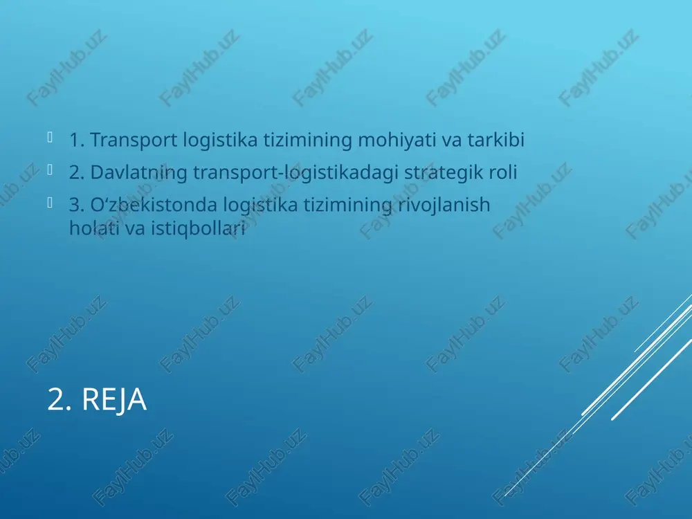lgan logistika bog‘lari – mahsulot aylanmasini tezlashtirish, eksport salohiyatini oshirishga xizmat qilmoqda. ular zamonaviy texnika, muzlatkichli omborlar, bojxona punktlari bilan jihozlangan. 9. transportda raqamlashtirish transport-logistika tizimiga raqamli texnologiyalar joriy qilinmoqda. 'e-logistika', gps kuzatuv, avtomatlashtirilgan yuk nazorati, onlayn bojxona tizimlari bu tizimda samaradorlikni oshirmoqda. raqamlashtirish xarajatlarni qisqartiradi va tezlikni oshiradi. 10. xalqaro hamkorlik o‘zbekiston bmt, bmt eik, osce, traceca, iru kabi xalqaro tashkilotlar bilan hamkorlikda logistika, tranzit va transport bo‘yicha loyihalarni amalga oshirmoqda. bu mamlakatning global tranzit tizimiga qo‘shilishiga yordam beradi. 11. transportning turlari o‘zbekiston transport logistikasida quyidagi asosiy turlar rivojlangan: - avtomobil transporti - temiryo‘l transporti - havo transporti - daryo va konteyner tashish har birining o‘ziga xos ustunlik va kamchiliklari mavjud. 12. muammolar logistika tizimida duch kelinayotgan muammolar: - yo‘llarning sifatsizligi - bojxona rasmiylashtirishning ortiqcha byurokratiyasi - sanoat markazlaridan uzoqlik - texnik parklar yetishmasligi - malakali logistika mutaxassislarining kamligi 13. rivojlantirish takliflari tizimni rivojlantirish uchun quyidagi yo‘nalishlar muhim: - …