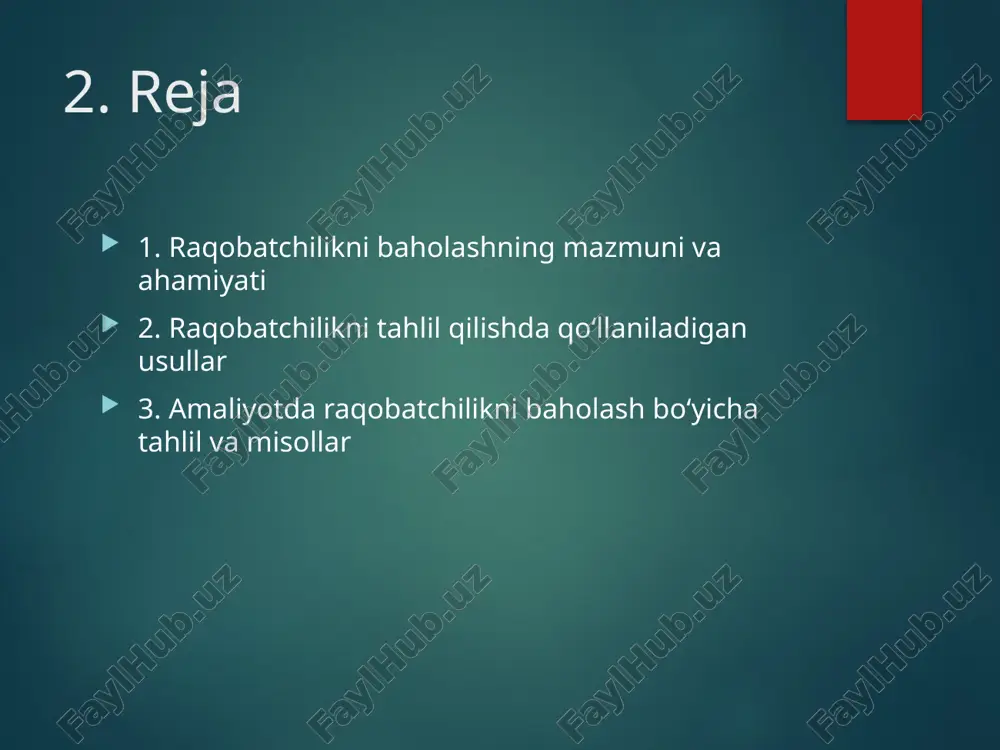 i raqobat holati chuqur tahlil qilinadi. 8. benchmarking benchmarking – bu kompaniya o‘z faoliyatini bozordagi yetakchi raqobatchilar bilan solishtiradi. bunda mahsulot sifati, xizmat ko‘rsatish darajasi, narx siyosati va boshqa ko‘rsatkichlar asosida baholash amalga oshiriladi. bu usul kompaniyaning o‘zini rivojlantirishiga turtki beradi. 9. amaliy misollar misol uchun, telefon ishlab chiqaruvchi kompaniyalar o‘z mahsulotlarini apple, samsung yoki huawei mahsulotlari bilan taqqoslab, narx va texnik imkoniyatlar bo‘yicha benchmarking olib boradi. bu ularning raqobatbardoshligini baholashga yordam beradi. 10. o‘zbekiston misolida o‘zbekiston bozorida xizmat ko‘rsatuvchi korxonalar (masalan, mobil aloqa operatorlari: ucell, beeline, humans) doimiy ravishda raqobatchilik tahlilini olib boradilar. bu ularga tarif siyosati, xizmat sifati va aksiyalarni ishlab chiqishda yordam beradi. 11. marketingdagi ahamiyati raqobatchilikni baholash marketing strategiyalarini ishlab chiqishda asosiy rol o‘ynaydi. tahlil natijasida kompaniyalar o‘zining ustunliklarini kuchaytiradi, zaif jihatlarini bartaraf etadi va bozorga yangicha yondashuvlar bilan chiqadi. 12. raqobatchilikka asoslangan strategiyalar baholash asosida kompaniyalar quyidagi strategiyalarni tanlaydi: - xarajatlar bo‘yicha yetakchilik - differensiallashuv …