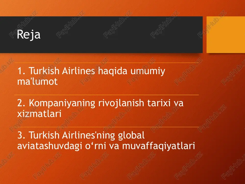 qat sifati va mehmondo'stlik bilan mashhur. innovatsiyalar va texnologiyalar turkish airlines raqamli texnologiyalar, onlayn ro‘yxatdan o‘tish, mobil ilovalar va samolyotda wi-fi xizmatlarini joriy qilgan. innovatsion yondashuv orqali mijozlarga yanada qulay sharoitlar yaratadi. mukofotlar va yutuqlar skytrax tomonidan bir necha bor 'yevropaning eng yaxshi aviakompaniyasi' deb e’tirof etilgan. shuningdek, oshxona xizmati va biznes klass sifati bo'yicha ko'plab mukofotlarga sazovor bo‘lgan. global ta’sir turkish airlines turkiya turizmiga, savdoga va madaniyatiga ulkan ta’sir ko‘rsatmoqda. kompaniya turkiyani global aviatsiya markaziga aylantirishda muhim rol o‘ynaydi. xulosa turkish airlines o‘zining keng marshrut tarmog‘i, yuqori sifatli xizmatlari va innovatsion strategiyasi bilan dunyo bozorida yetakchi o‘rinni egallab kelmoqda. foydalanilgan adabiyotlar - turkish airlines rasmiy vebsayti – www.turkishairlines.com - skytrax awards – www.worldairlineawards.com - star alliance – www.staralliance.com - wikipedia – turkish airlines maqolasi - air transport world maqolalari, 2023 image2.png image3.png image4.png image5.png image6.jpeg image7.png image8.png image1.png q@) turkish airlines turkish airlines turkish airlines /docprops/thumbnail.jpeg