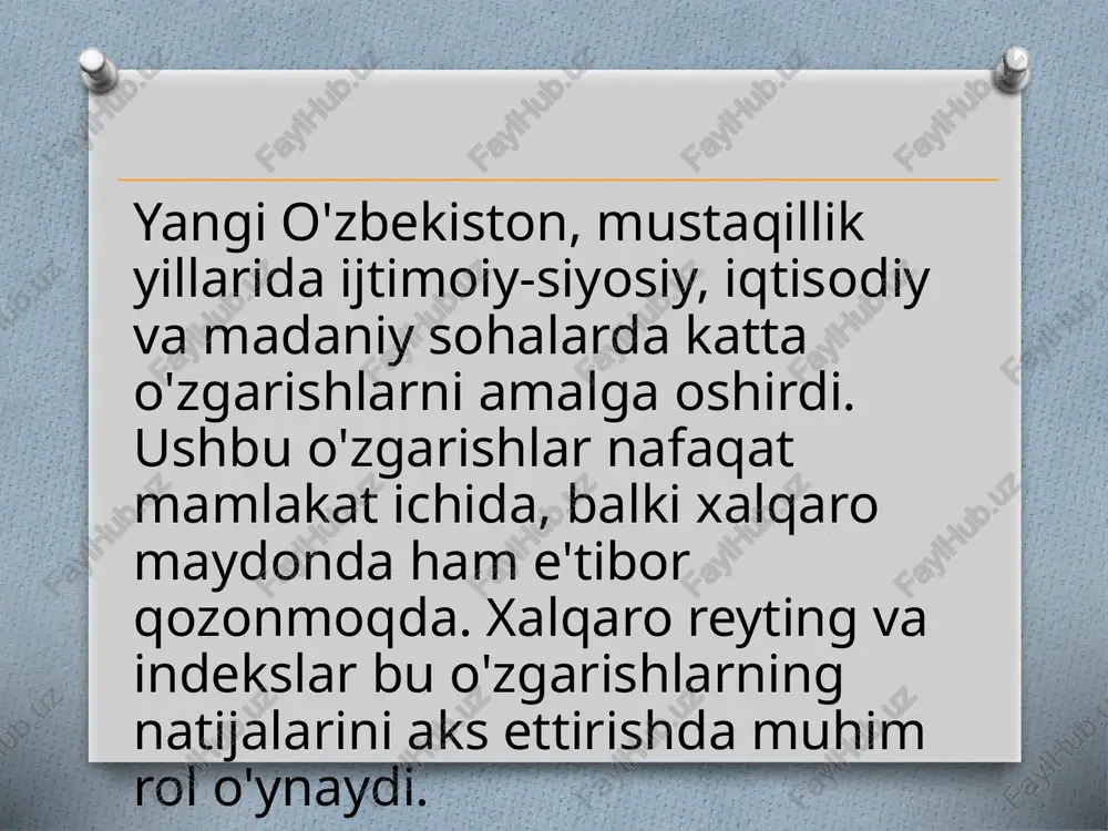lar sodir bo'lmoqda. o'zbekiston o'z madaniy merosini saqlab qolish va rivojlantirishga qaratilgan dasturlarni amalga oshirmoqda. bu jarayonlar xalqaro reyting va indekslarda quyidagi ko'rsatkichlar bilan ifodalanadi: madaniy tadbirlar va xalqaro hamkorlik: o'zbekistonning madaniy tadbirlariga xalqaro ishtirokchilarni jalb etishi, madaniy merosni tanitishda muhim rol o'ynaydi. ta'lim va innovatsiyalar: ta'lim tizimini modernizatsiya qilish va ilmiy-tadqiqot faoliyatini rivojlantirish, bu esa xalqaro reytinglarda yuqori baholanadi. prezidentimiz tomonidan amalga oshirilayotgan islohotlar. yangi prezident shavkat mirziyoyevning ashxobod, ostona, moskva, pekin, anqara va seulga muvaffaqiyatli tashriflari, toshkentning tashqi iqtisodiy faoliyatini maksimal diversifikatsiya qilish bo`yicha siyosatni tasdiqladi. mamlakat iqtisodiyotini import o`rnini bosish modelidan eksportga yo`naltirilgan rivojlanish yangi modeliga o`tish bo`yicha tizimli ish ketmoqda. aynan shu bilan bir qator islohotlar, jumladan valyuta bozorining erkinlashtirilishi bog`liq. bu eksportga yo`naltirilgan rivojlanish siyosatining iqtisodiy o`sishi yangi modelini yo`lga qo`yishning muhim bosqichi. valyutadan tashqari, boshqa qanday muhim islohotlar amalga oshirildi? bu haqida kam gapirishmoqda, biroq mamlakatda juda jiddiy o`zgarishlar yuz berdi. mening fikrimcha, prezidentning …