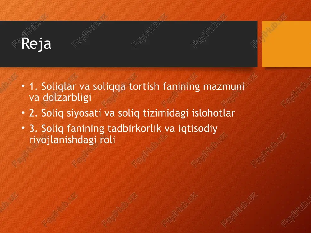 zorat qilish, ishsizlikni kamaytirish kabi makroiqtisodiy ko‘rsatkichlarga ta’sir etuvchi vosita sifatida yoritiladi. bu borada davlat tomonidan olib borilayotgan yondashuvlar, islohotlar va ularning natijalari ko‘rib chiqiladi. o‘zbekistondagi soliq tizimining islohoti o‘zbekiston respublikasi soliq tizimida so‘nggi yillarda bir qator islohotlar amalga oshirildi. yagona soliq stavkalari joriy etildi, elektron soliq tizimlari rivojlantirildi va soliq ma’lumotlari ochiqligini ta’minlash bo‘yicha chora-tadbirlar ko‘rildi. ushbu islohotlar fanda nazariy asoslangan holda tahlil etiladi. yangi soliq mexanizmlari va raqamlashtirish jarayonlari soliq tizimining raqamlashtirilishi fanda chuqur o‘rganiladi. masalan, onlayn nazorat-kassa mashinalari (nkm), elektron hisob-fakturalar, soliq ma’lumotlar bazasi orqali davlat nazorati kuchaytirilmoqda. bu jarayonlar soliq intizomini mustahkamlash va yashirin iqtisodiyotga qarshi kurashish imkonini beradi. soliq fanining tadbirkorlar uchun ahamiyati tadbirkorlik subyektlari uchun bu fan muhim qo‘llanma hisoblanadi. tadbirkorlar o‘z soliqlarini to‘g‘ri hisoblab, qonunchilik asosida to‘lash uchun zarur bilim va ko‘nikmalarga ega bo‘ladilar. fan ularni soliq majburiyatlari, hisob-kitob mexanizmlari va preferensiyalar bilan tanishtiradi. soliqqa oid strategik rejalashtirish va xatarlarni boshqarish fan orqali …