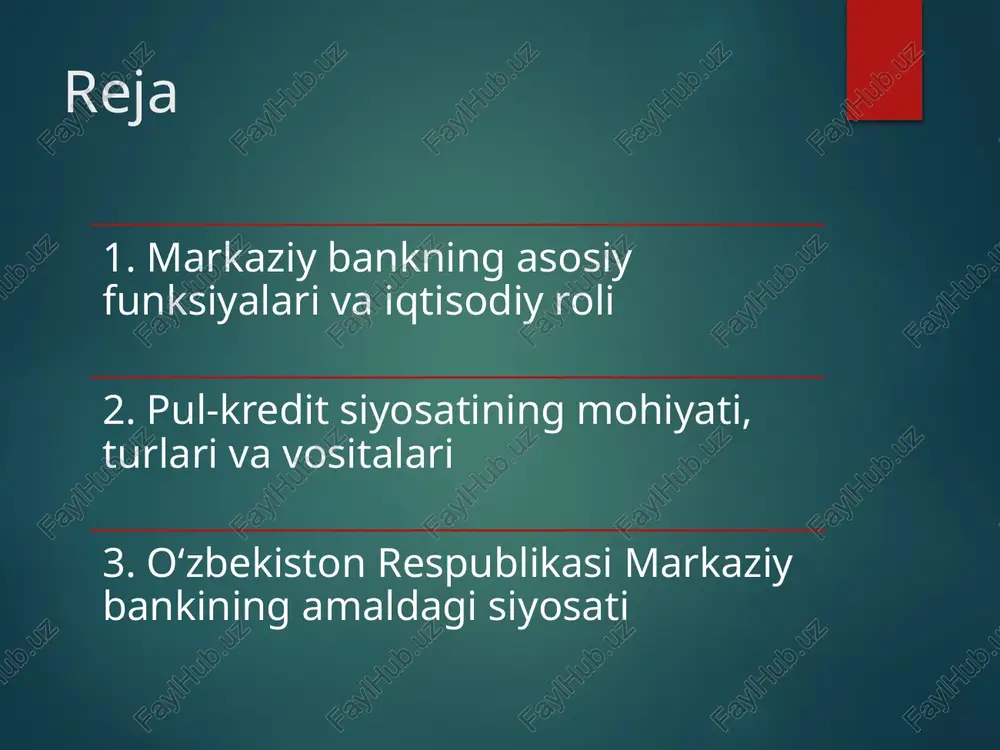 uriy rezervlar normasi, ochiq bozor operatsiyalari va kreditlar berish siyosati. bu vositalar orqali markaziy bank iqtisodiyotda pul taklifini oshirishi yoki kamaytirishi mumkin. masalan, stavkani oshirish orqali kredit olish qimmatlashadi va iqtisodiy faollik susayadi. 6-bet o‘zbekiston respublikasining markaziy banki mustaqil davlat organi sifatida iqtisodiy barqarorlikni saqlash, inflyatsiyani pasaytirish va bank tizimini rivojlantirish bo‘yicha muhim rol o‘ynaydi. bankning asosiy vazifalari o‘zbekiston respublikasi konstitutsiyasi va “markaziy bank to‘g‘risida”gi qonun asosida belgilanadi. 7-bet so‘nggi yillarda o‘zbekiston markaziy banki bozor iqtisodiyoti talablariga mos keluvchi pul-kredit siyosatini shakllantirishga alohida e’tibor qaratmoqda. 2020-yildan boshlab inflyatsiyani maqsadli boshqarish tizimi joriy etildi. bu yondashuv orqali iqtisodiyotni barqaror rivojlantirish va investorlar ishonchini oshirish ko‘zda tutilmoqda. 8-bet markaziy bank, shuningdek, aholining moliyaviy savodxonligini oshirish, bank xizmatlaridan foydalanishni kengaytirish va zamonaviy to‘lov tizimlarini joriy etish borasida ham faol ish olib bormoqda. bu holat mamlakatda moliyaviy inklyuziya darajasini oshirishga xizmat qiladi va iqtisodiyotni yanada jonlantirishga yordam beradi. 9-bet pul-kredit siyosatining ta’siri faqat qisqa …