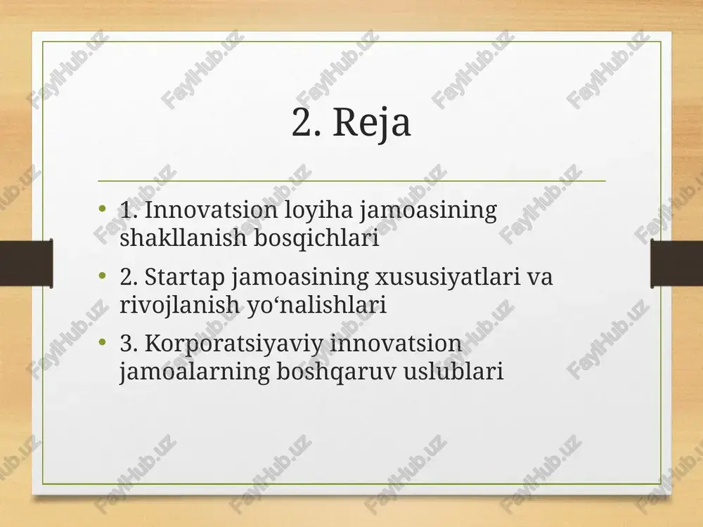 qo‘yishi lozim. bu maqsadlar: bozorga kirish, investor jalb qilish, foydali patent olish, mahsulotni tijoratlashtirish va barqaror biznes-model yaratishdan iborat bo‘lishi mumkin. 9. jamoaviy boshqaruv uslublari innovatsion jamoalarni boshqarishda demokratik, inklyuziv va natijaga yo‘naltirilgan uslublar qo‘llaniladi. har bir a’zoning fikri muhim va jamoada erkin muhit yaratilgan bo‘lishi kerak. bu esa kreativlik va tashabbuskorlikni oshiradi. 10. amaliy misollar apple, google, tesla kabi kompaniyalar o‘z faoliyatini startap jamoasi sifatida boshlagan. ularning muvaffaqiyat kaliti kuchli jamoa, ochiq fikr almashinuvi va kuchli strategik boshqaruvdir. hozirgi kunda bu kompaniyalar global miqyosda yetakchilik qiladi. 11. innovatsion jamoaning muvaffaqiyat omillari 1. aniq maqsad va vazifalarning mavjudligi 2. ijodkorlik va innovatsion fikrlash 3. samarali kommunikatsiya 4. muvaffaqiyatga ishonch va ijobiy muhit 5. tezkor va moslashuvchan qarorlar qabul qilish 12. startapdan korporatsiyaga o‘tish muammolari o‘sish bosqichida jamoa ko‘plab muammolarga duch keladi: byurokratiya, resurslar yetishmasligi, jamoaning motivatsiyasi pasayishi, ichki kommunikatsiyada uzilishlar. bularni bartaraf etish uchun aniq rejalar va yetakchilik zarur. 13. …