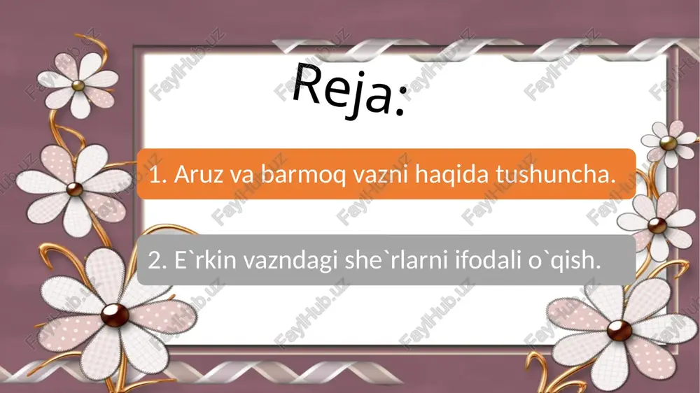 bilimga ega bo‘lish lozim. aruz vaznida yaratilgan xilma-xil janrdagi lirik va epik asarlami ifodali o‘qish, ulaming vazn xususiyatlarini tahlil qilish va turli-tuman o‘lchovlarni aniqlash malakalarini egallash uchun ham, mazkur tizimning nazariy jihatlaridan etarli darajada xabardor bo‘lish talab etiladi. e`tiboringiz uchun rahmat. image1.png /docprops/thumbnail.jpeg aruz, barmoq, erkin vazndagi she rlarint \ifodallo qish.