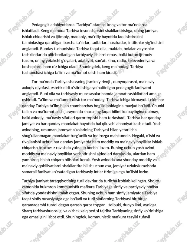 arishi va ijtimoiy, madaniy, ma'rifiy hayotida faol ishtirokini ta'minlashga qaratilgan barcha ta'sirlar, tadbirlar, harakatlar, intilishlar yig'indisini anglatadi. bunday tushunishda tarbiya faqat oila, maktab, bolalar va yoshlar tashkilotlarida olib boriladigan tarbiyaviy ishlarni emas, balki butun ijtimoiy tuzum, uning yetakchi g'oyalari, adabiyot, san'at, kino, radio, televedeniya va boshqalarni ham o'z ichiga oladi. shuningdek, keng ma'nodagi tarbiya tushunchasi ichiga ta'lim va ma'lumot olish ham kiradi. tor ma'noda tarbiya shaxsning jismkniy rivoji , dunyoqarashi, ma'naviy axloqiy qiyofasi, estetik didi o'stirilishiga yo'naltirilgan pedagogik faoliyatni anglatadi. buni oila va tarbiyaviy muassasalar hamda jamoat tashkilotlari amalga oshiradi. ta'lim va ma'lumot olisb tor ma'nodagi tarbiya ichiga kirmaydi. lekin har qanday tarbiya ta'lim bilan chambarchas bog'liq holdagina mavjud bo'ladi. chunki ta'lim va ma'lumot olish jarayonida shaxsning faqat bilimi ko'payibgina qolmay, balki axloqiy, ma'naviy sifatlari qaror topishi ham tezlashadi. tarbiya har qanday jamiyat va har qanday mamlakat hayotida hal qiluvchi ahamiyat kasb etadi. yosh avlodning, umuman jamoyat a'zolarining tarbiyasi bilan …