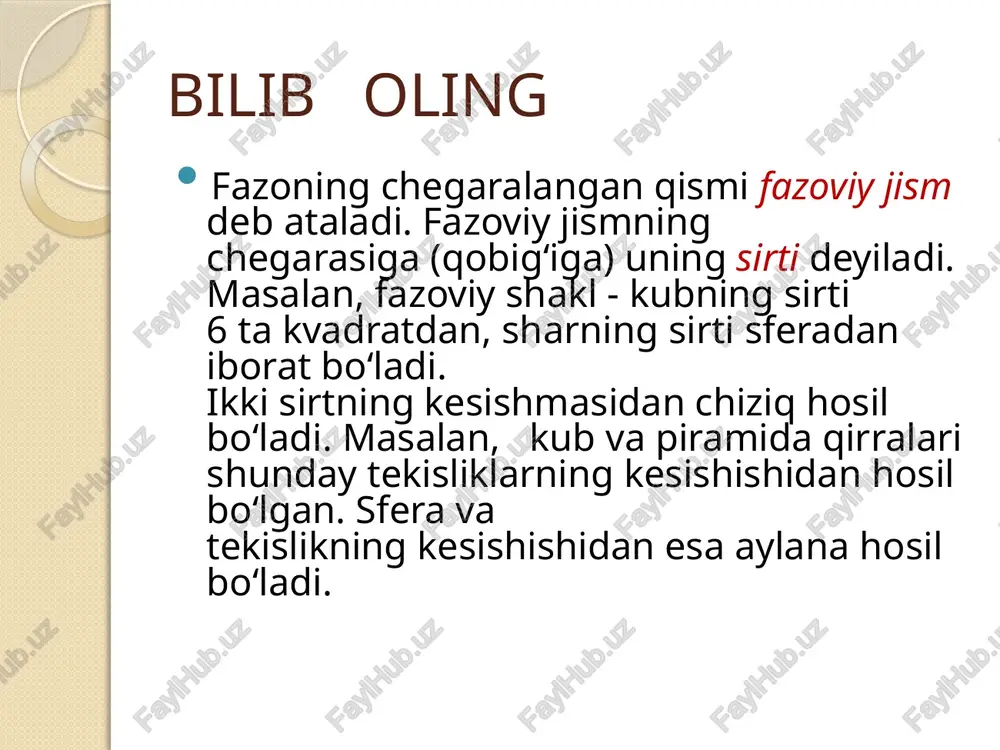 miardan iborat ko = g € g ko‘pburchakdan, aytiladi (3- rasm). j = fs © a tf ena ‘ an diridir. l.1-teorema: muntazam piramidaning g. apofemalari 0‘zaro teng. isbot. aytaylik, oa 4a. - a, muntazam piramida, : oesa piramida asosining markazi bo*lsin (15- rasm). gs) a) oa,, oa,, ... oa, kesmalar muntaz a) yon yvoqglari; b) yon qirralari; ko* bburchakka tashqi chizil iperat bo* lgani uchun o‘zz