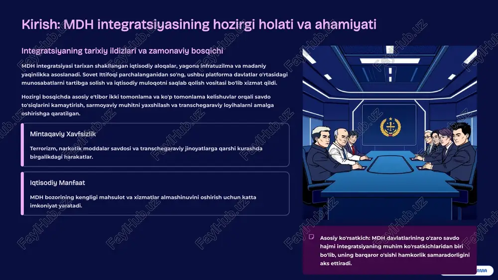 milliy ishlab chiqaruvchilarni himoya qilish mexanizmlarini optimallashtirish. investitsiya hamkorligi transchegaraviy investitsion loyihalarni qo'llab-quvvatlash, birgalikdagi korxonalarni tashkil etish va investitsiya muhitining ochiqligini ta'minlash. standartlarni uyg'unlashtirish sifat va texnik reglamentlarni yagona tizimga keltirish. bu mahsulotlarning savdo oqimini sezilarli darajada soddalashtiradi va savdo xarajatlarini kamaytiradi. bojxona tartib-qoidalari elektron bojxona tizimlarini joriy etish orqali chegara nazoratini avtomatlashtirish va tovarlarning o'tish jarayonini tezlashtirish. iqtisodiy aloqalarning chuqurlashuvi mdh davlatlari uchun global raqobatbardoshlikni oshirish va iqtisodiyotlarning diversifikatsiyasini tezlashtirish imkonini beradi. 3 energetika va transport: mintaqaviy hamkorlikning strategik ustunlari energetika va transport kommunikatsiyalari mdh integratsiyasining eng strategik va o'zaro bog'liq sohalaridan hisoblanadi. bu sohalardagi samarali hamkorlik butun mintaqaning barqaror rivojlanishini ta'minlaydi. energetika xavfsizligi energiya resurslarining barqaror yetkazib berilishini ta'minlash va energetika infratuzilmasini modernizatsiya qilish bo'yicha birgalikdagi loyihalar. yagona transport koridorlari xalqaro tranzit yo'nalishlarini (ayniqsa, "shimol-janub" va "g'arb-sharq") rivojlantirish, logistika xarajatlarini kamaytirish. elektr tarmoqlari integratsiyasi mdh davlatlarining elektr energetika tizimlarini parallel ishlashini ta'minlash orqali energetik samaradorlikni oshirish va energiya …
