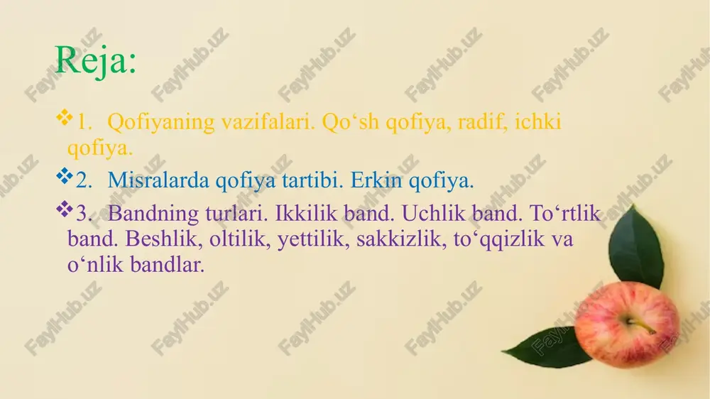 aning tuzilishiga ko’ra turlari. mujarrad qofiya murdaf(radifli) qofiya muqayyad qofiya muassas(ta’sirli) qofiya mujarrad qofiya – bu xil qofiyaning bir turi raviy cho‘ziq unlidan iborat bo‘lgan qofiya bo‘lib, unda shu cho‘ziq unlidan boshqa biror harf ishtirok etmaydi.raviy o‘rnida esa uch cho‘ziq unlidan istagan kela oladi. chechaksiz bulbulning ishi navodur, oshiqlar har ne kim qilsa ravodur ( xorazmiy) baytida navo-ravo qofiyalari mujarrad bo‘lib,raviysi cho‘ziq “o” unlisidir. murdaf(radfli) qofiya -raviy harfidan oldin cho‘ziq unlilardan biri kelgan qofiya.she’riyatimizda raviydan oldin “o” cho‘ziq unlisi kelgan murdaf qofiya juda ko‘p qo‘llangan. kelgin,ey dilbarki,asri haddin oshti ishtiyoq, dard-u g‘am o‘tina bag‘rimni kabob etti firoq. (gadoiy) muqayyad ( qaydli) qofiya- bu xil qofiyalarda qo‘sh undosh qisqa unlidan so‘ng keladi. qisqa unli hazv, raviydan oldingi undosh “qayd” deb ataladi. kel ey soqiy meni majnuni mast et, soching zanjri birla poybast et. (navoiy) muassas(ta’sirli ) qofiya- choziq “o ” unlisi bilan raviy o‘rtasida bir undosh va undan keyin bir unli …